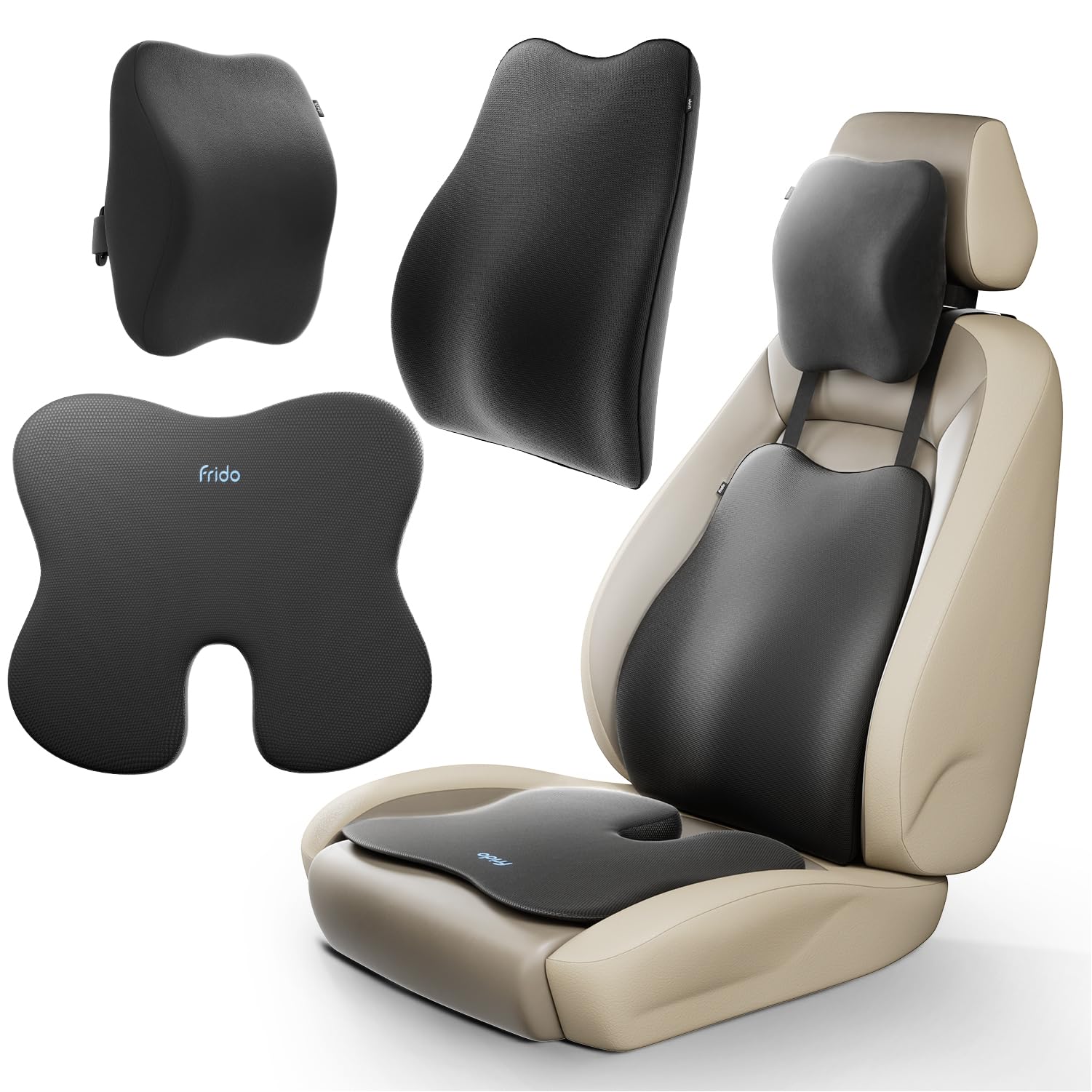 Frido Ultimate Car Comfort Combo | Neck Rest, Backrest & Wedge Seat Cushion Combo of 3 | Ergonomic Neck, Back & Seating Support | Driving & Daily Comm...