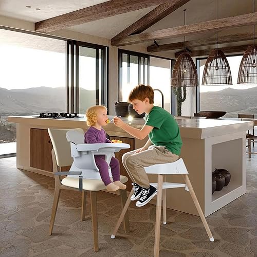 Miniatura 9 de Silla alta convertible 9 en 1 con asiento elevador, trona de madera para bebés y niños pequeños con bandeja extraíble y arnés de 5 puntos, asiento