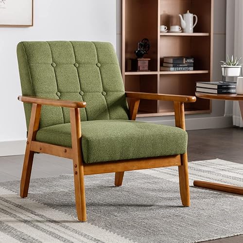 Silla moderna de mediados de siglo con marco de madera, cómoda silla de lectura de tela de lino, silla decorativa para sala de estar, dormitorio,