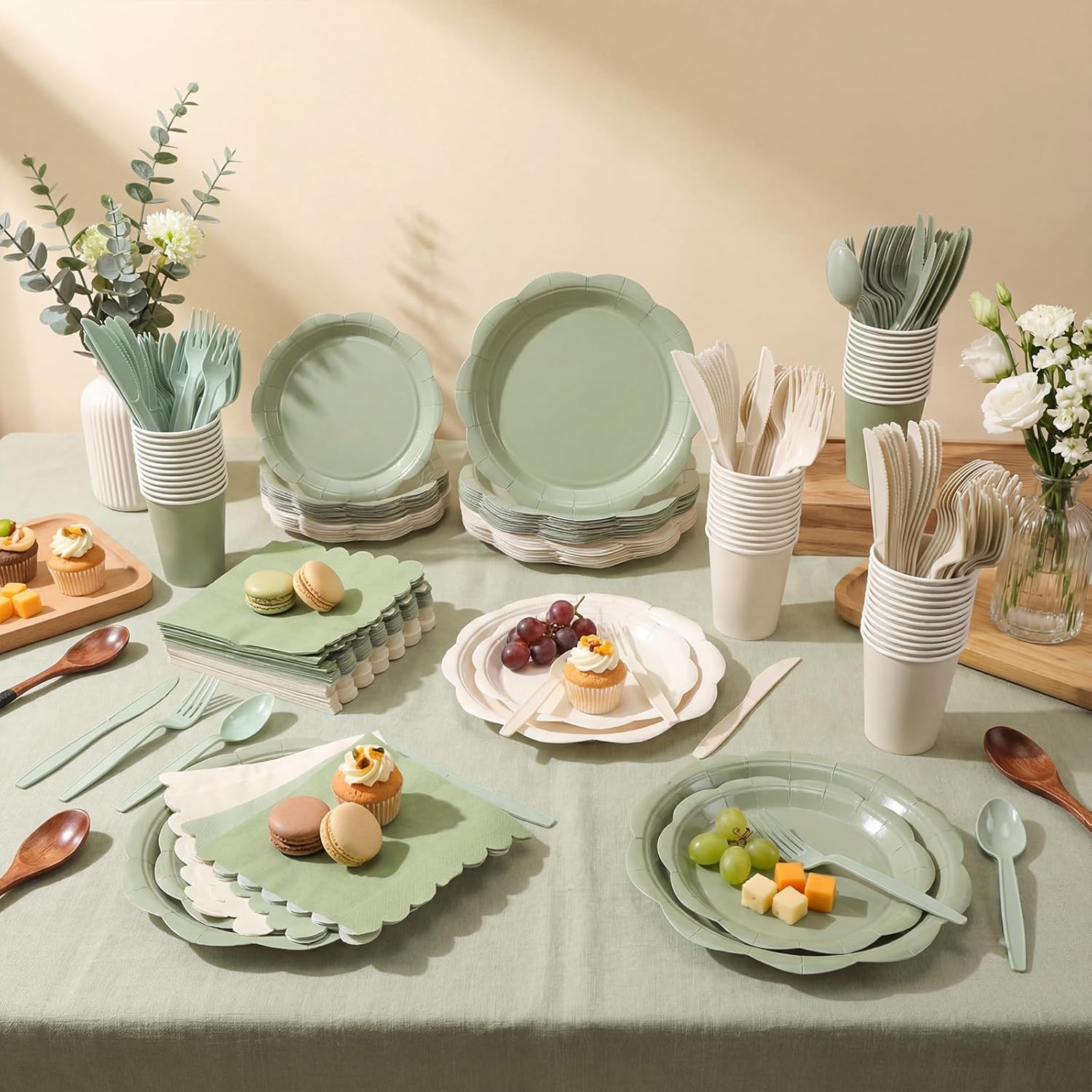 Qinyoung 388 Pcs Sage Green and Beige Plates and Napkins Party Supplies Tableware Include Disposable Scalloped Plate Paper Napkin Cup Plastic Cutlery for Baby Shower Party Wedding Birthday, 48 Sets