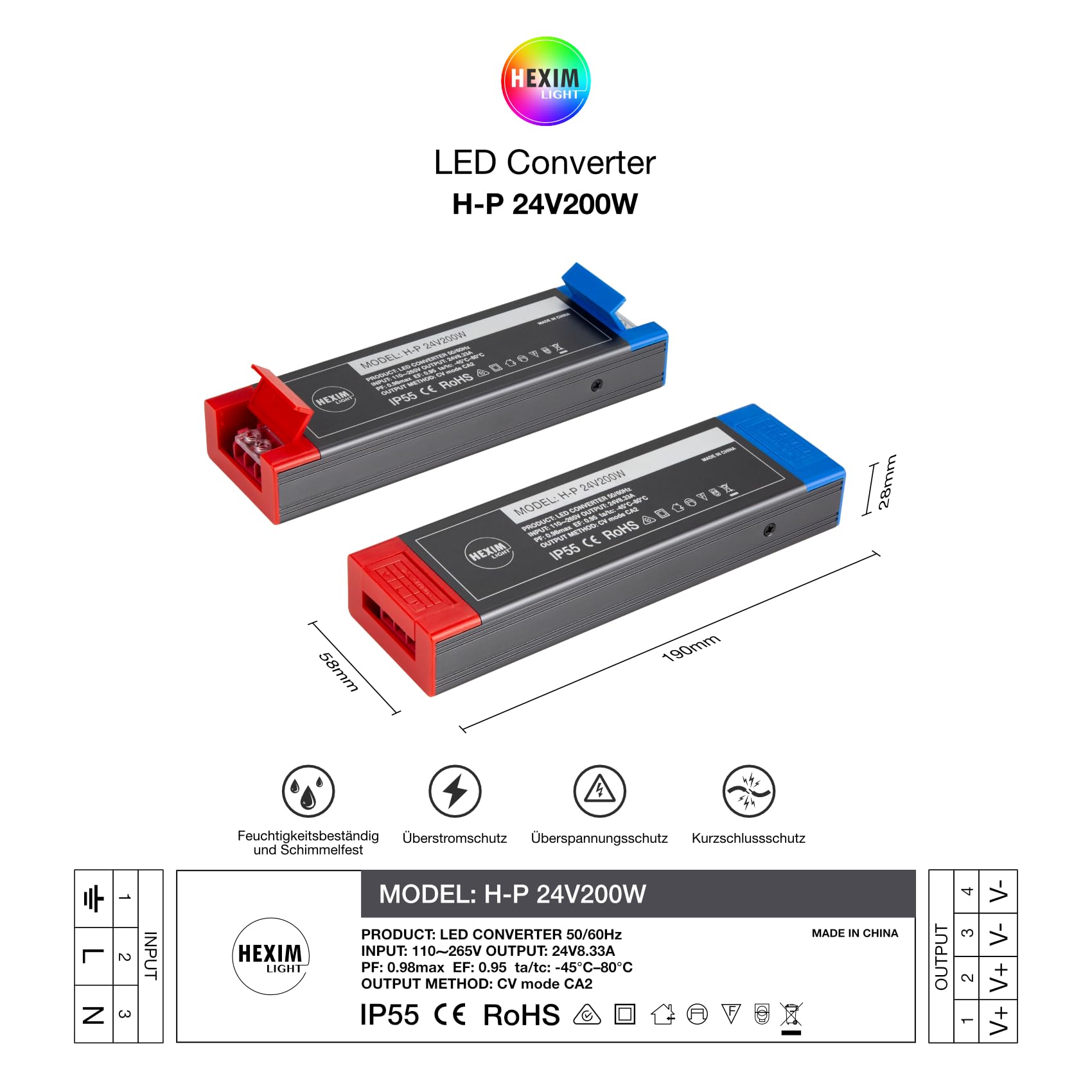 LIGHT Netzteil IP55 Trafo 24V/DC Transformator 100-400W, 4.16A-16.6A - kein LED-Flimmern, kein Transformator-Rauschen - Driver Converter für LED Strip Band (H-P 24V200W / 1STK)