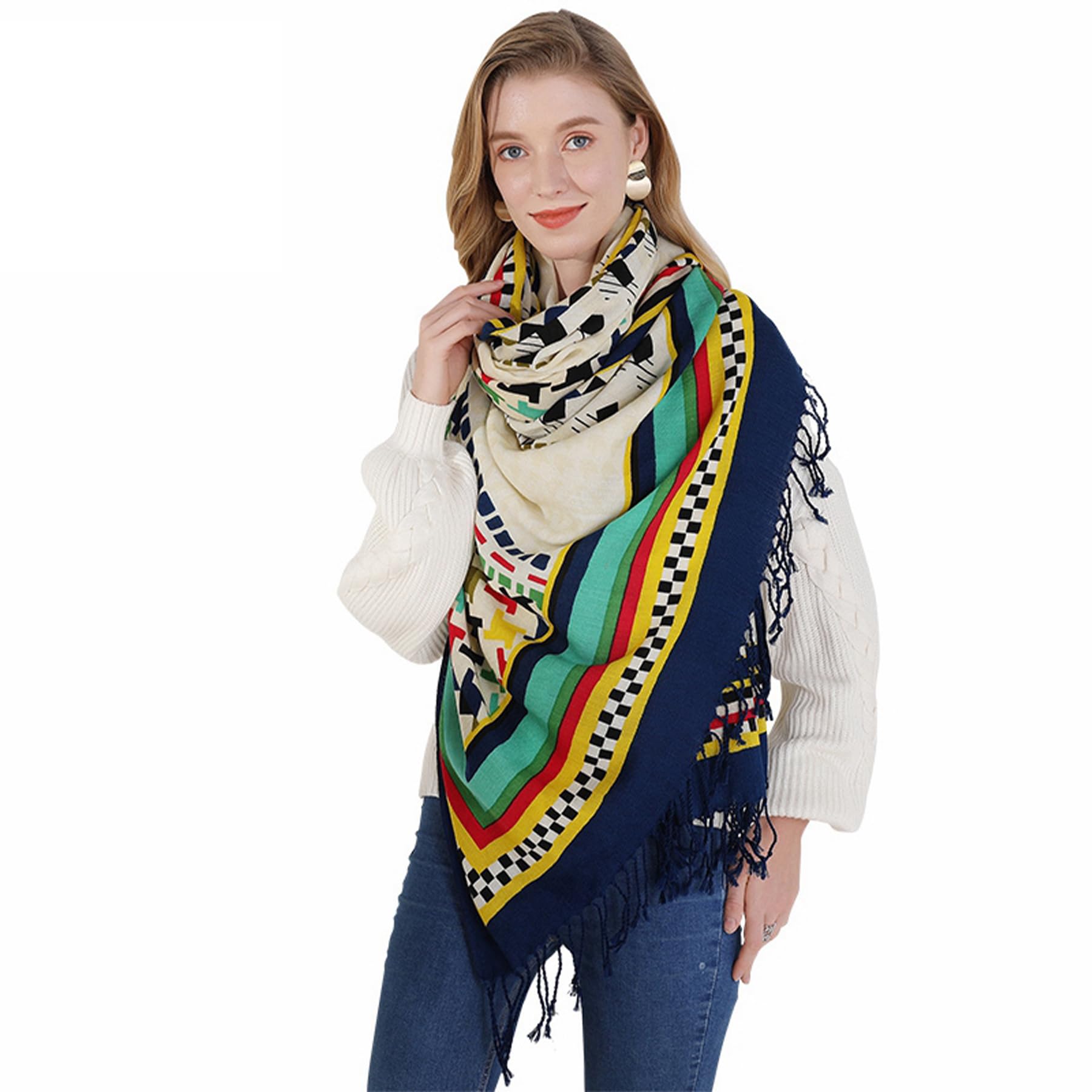 DANA XU 100% Merino Wool Pashmina Shawl for Women 96"x43", Oversized Cashmere Wrap with Tassels, Floral Travel Blanket Cape, Cream Rainbow Pinwheel Pattern, 96 * 43 INCHES