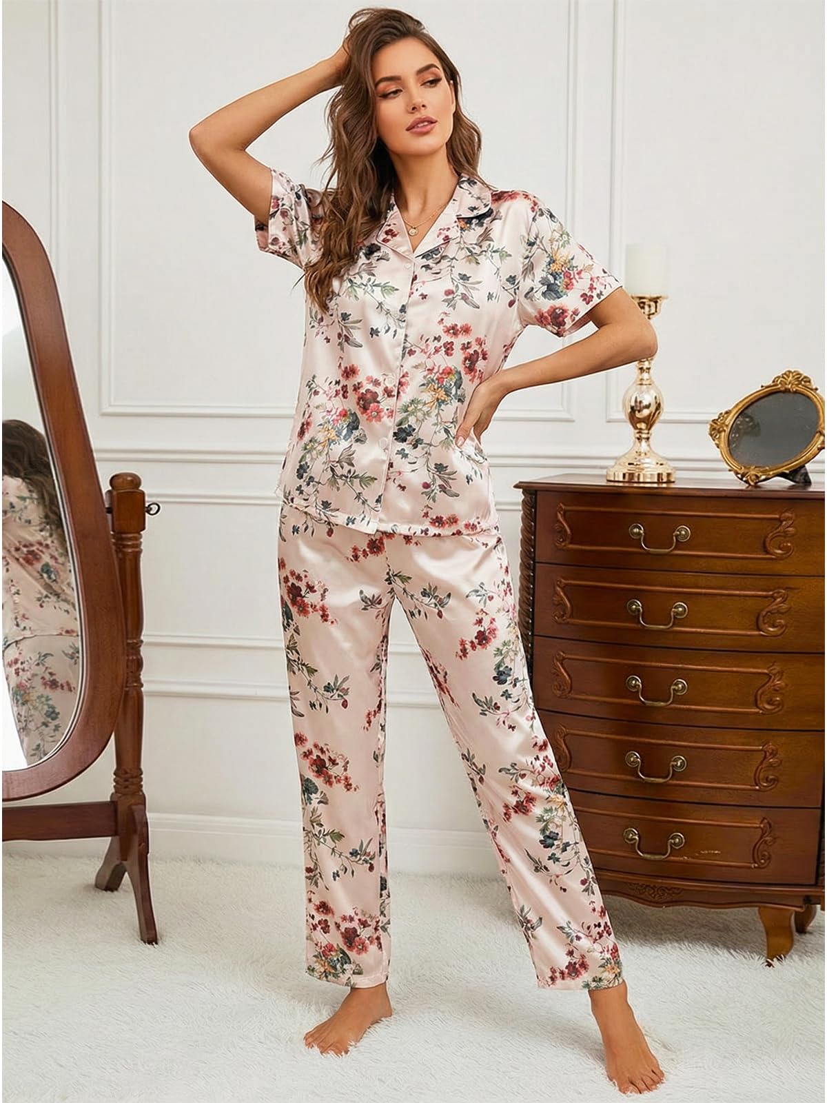 Women Lounge Set, Two Piece Button Down Collared Top and Long Pants, Floral Printed Casual Matching Set for Daily Wear