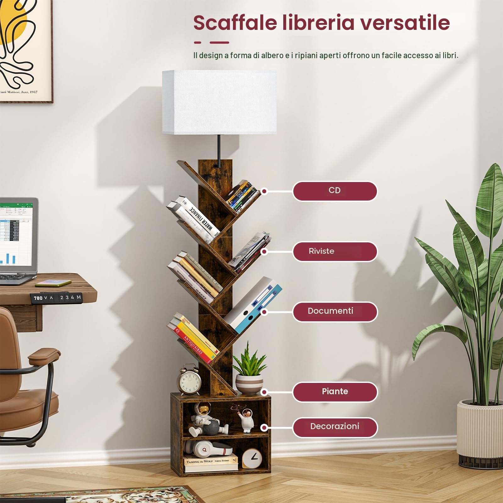 Libreria a Forma di Albero in Legno con Luce, Scaffale Autoportante a 9 Ripiani ad Angolo con Mobiletto – Libreria Salvaspazio per Libri, CD, per Soggiorno, Studio, Ufficio(Rustic Brown)