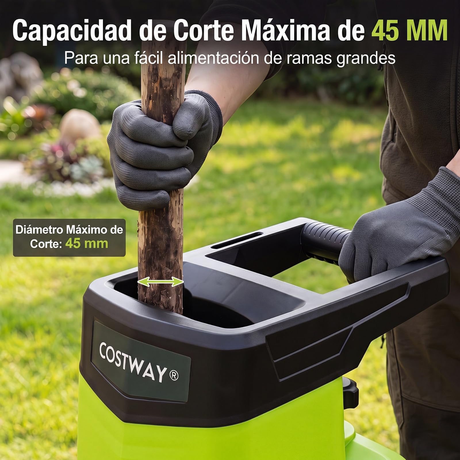 COSTWAY 2500W Trituradora de Ramas con Ruedas, 50 L, Ø 45 mm (Verde) | Biotrituradora Eléctrica,Relación de Reducción 21:1, Paleta de Empuje para Jardín