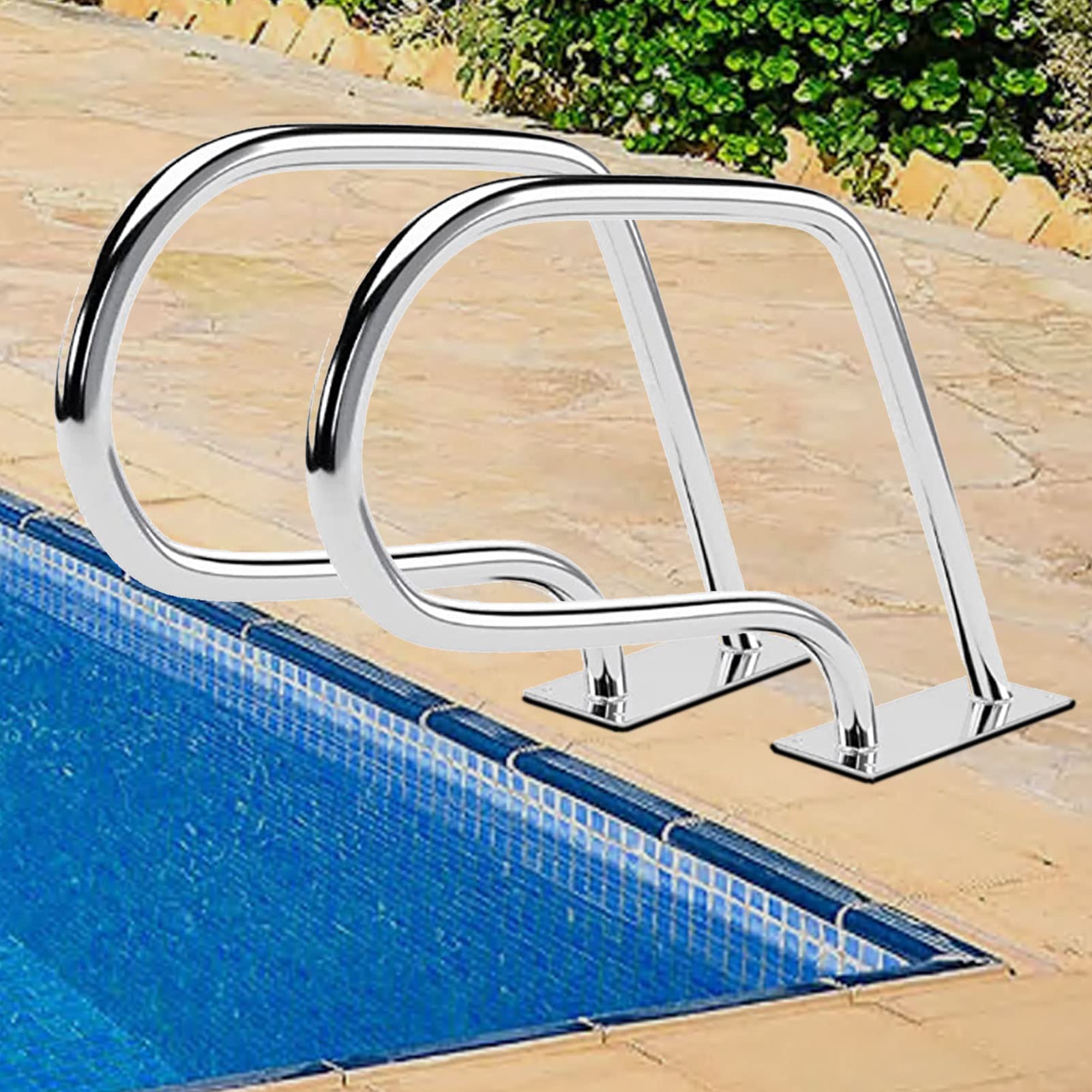 OUYOo Pool Railing 2 Pcs, 22.5" X32" 3-Bend Pool Stair Rail, Premium 304 Stainless Steel Swimming Hand Grab Rail, Easy to Install