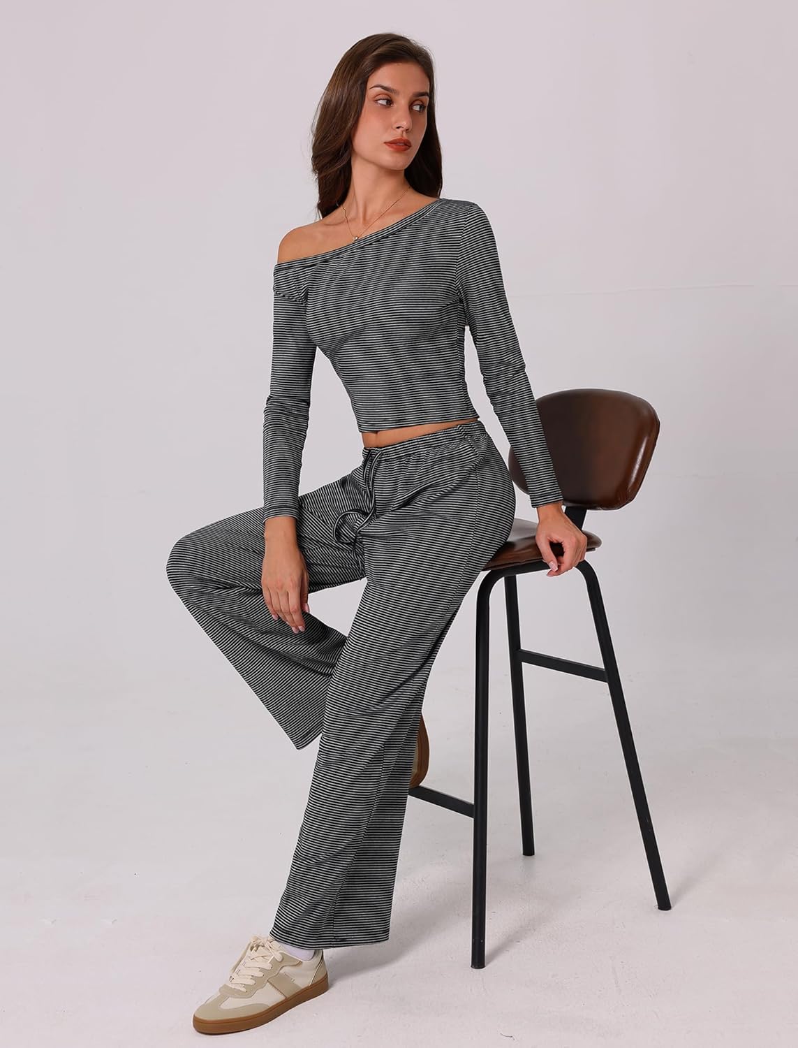 ABOCIW Women's 2 Piece Sets Fall Outfits Striped Off Shoulder Long Sleeve Top Wide Leg Pants Tracksuits Lounge Sets - Image 5