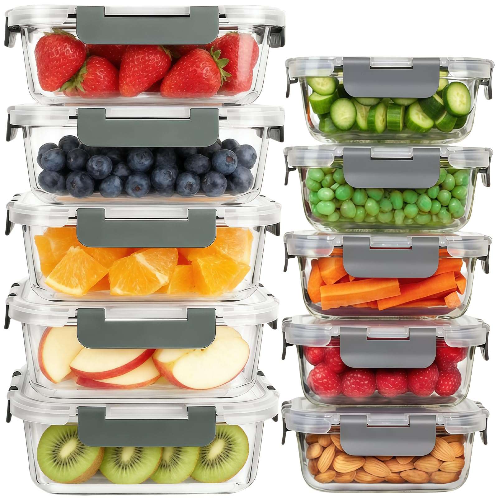 Meetoz Transparent Glass Containers With Lids,10 Pack Glass Meal Prep Containers,Glasss Lunch Box With Bpa Free,Stackable, High Temperature Resistance, For Freezer, Microwave, Oven, Freezer And Dishwasher