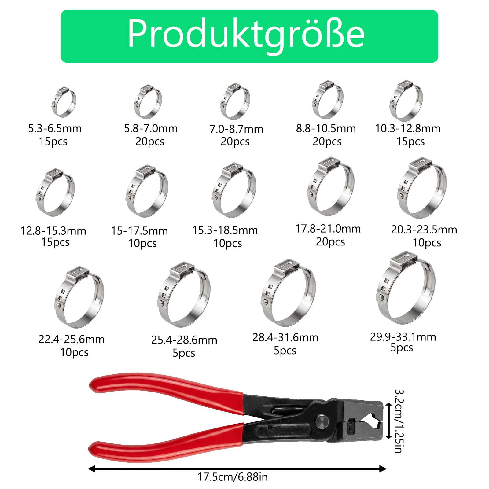 Schlauchschellen Set 180-teilig – 304 Edelstahl Einohr-Klemmen stufenlos (5,3-33,1 mm) mit robuster Ohrklemmenzange – Rostfreie Schlauchklemmen für KFZ, Wasser- und Kraftstoffleitungen