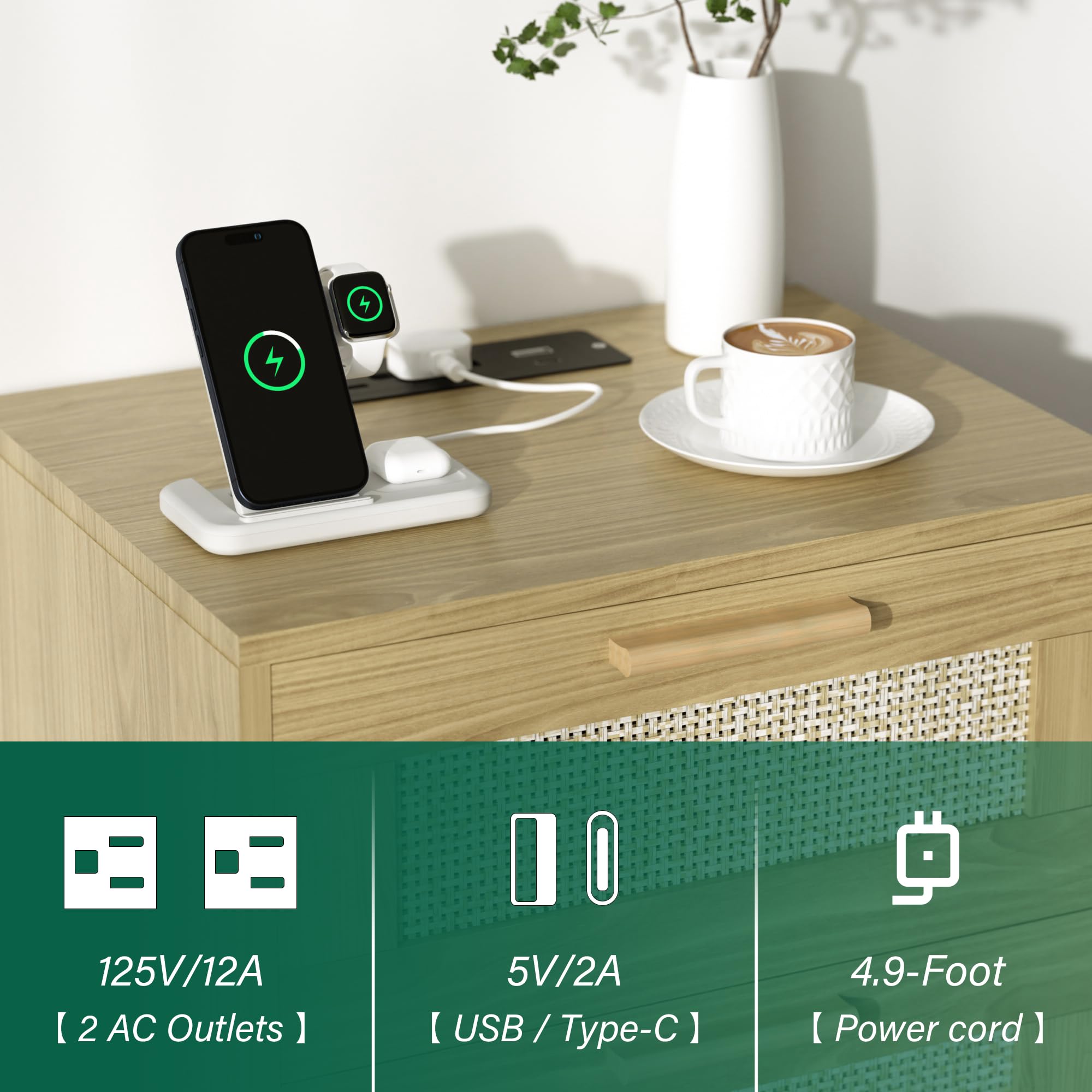 Comodino con stazione di ricarica, comodino in rattan con gambe in legno massello, comodino con porte USB e prese USB, tavolino da letto, tavolino per camera da letto, soggiorno