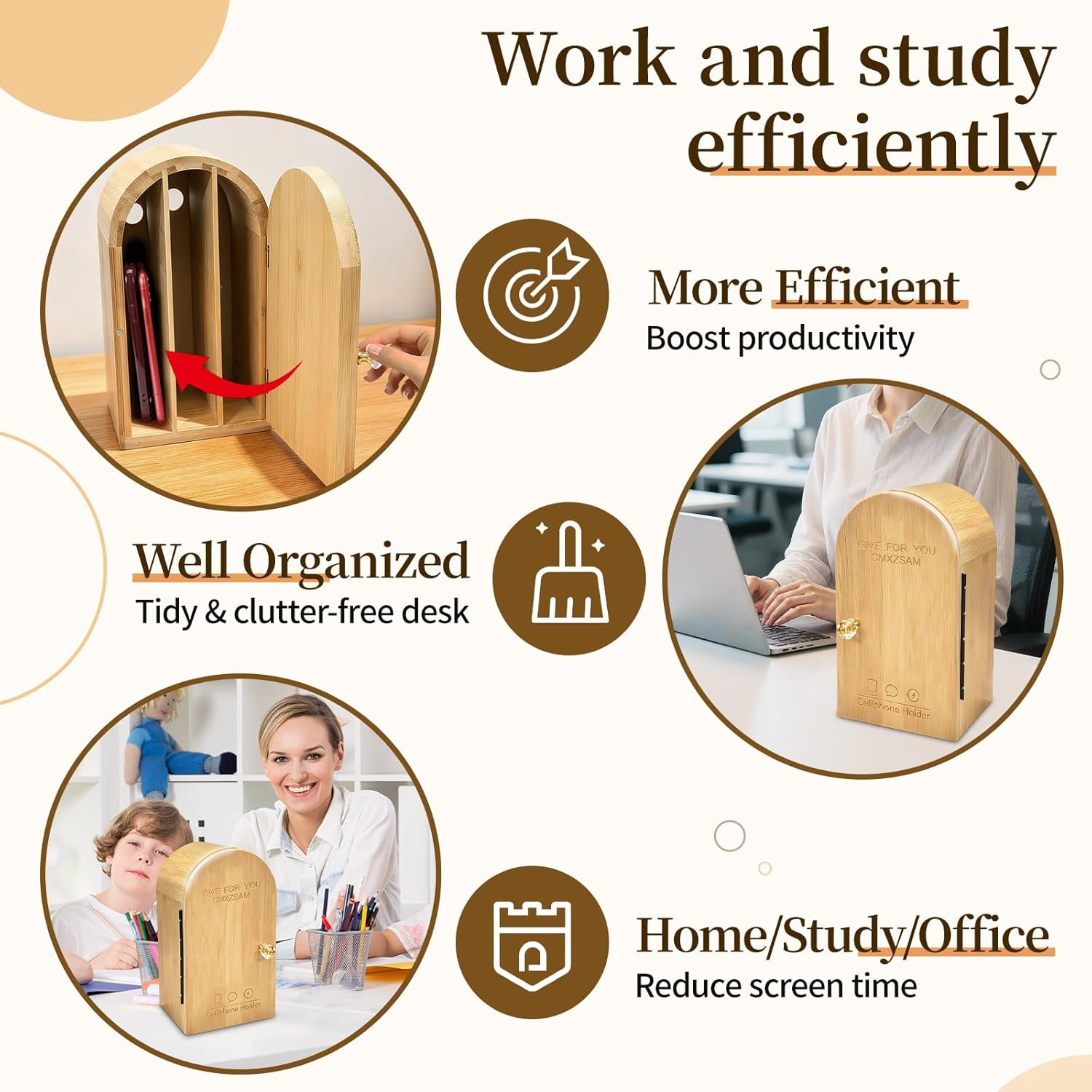 Phone Box for Family Time, Bamboo Cell Phone Jail 3 Sections Hold 6 Phones,Phone Holder with Charging Holes,Helps Kids & Adults Regain Focus Reduce Distractions