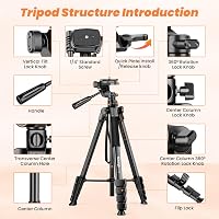 Stativ cameră Nineigh 190 cm Aluminiu - Pentru smartphone, DSLR, cu cap panoramic 360°, telecomandă, pentru fotografii orizontale, călătorii, 9