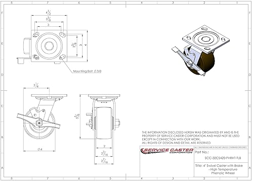 Miniatura 3 de Rueda de alta temperatura con placa superior giratoria fenólica de alta temperatura con rueda de 4 pulgadas y freno de bloqueo superior - 800 libras