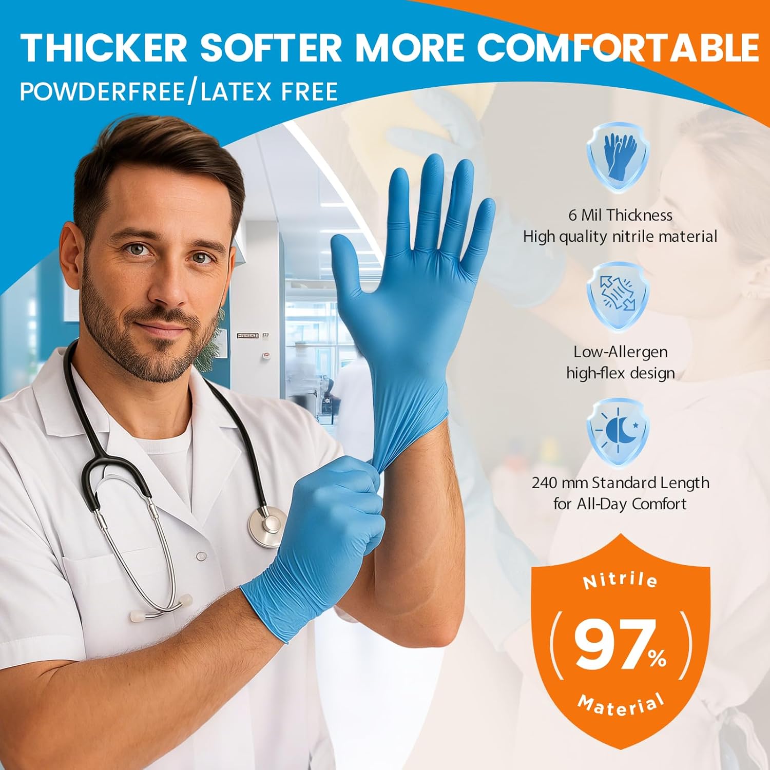 ANBOSON 6 mil Disposable Nitrile Gloves, Heavy Duty Disposable Glove, Cooking Gloves Latex Free Powder Free - 200 Pcs