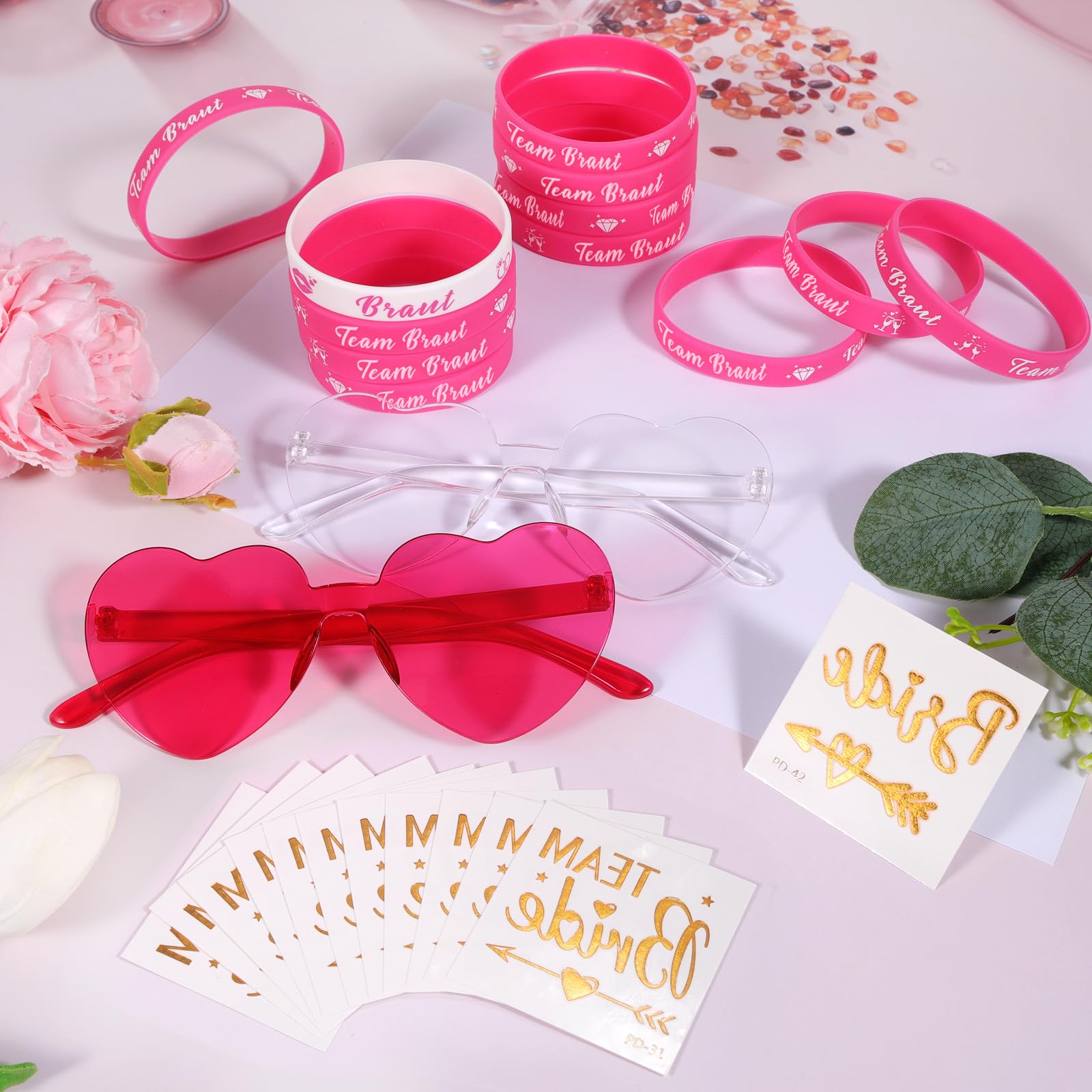HOWAF 36 Stück JGA Accessoires Frauen, 12 JGA Brillen Herz Sonnenbrille + 12 JGA Deko Armbänder Frauen Silikonarmband + 12 Team Bride Tattoos Hochzeit, Junggesellenabschied Frauen, Bride to Be Deko