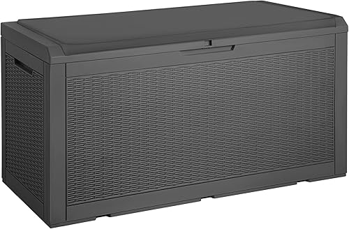 Flamaker Caja de cubierta con cojín de resina de 100 galones, impermeable, banco de almacenamiento grande para exteriores, cojines de patio,