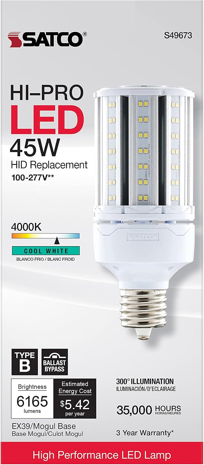 Satco S49673 Corncob LED HID Light Bulb, Mogul Extended Base, 45W, 35000 Hour Rating, 6165L, Cool White