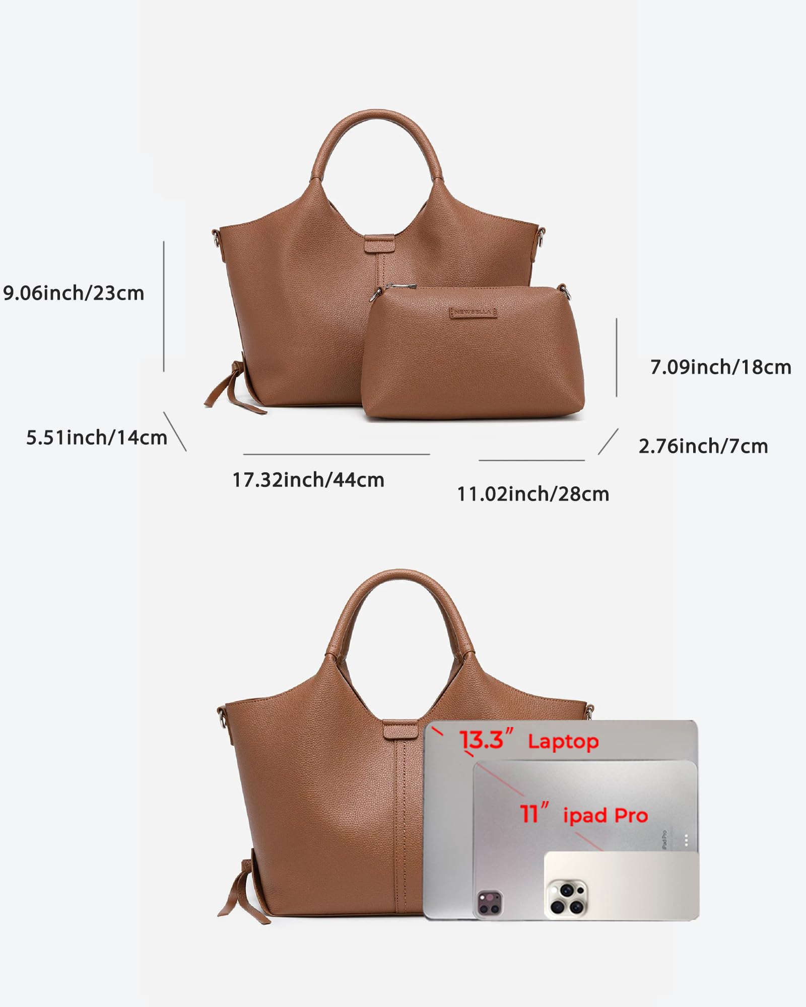 NEWBELLA Women's Vegan Leather Tote Bag 2-Piece Set, Fashion Top Handle Purse with Buckle Design, Solid Color Shoulder Bag for Work, Travel & Daily Use(Brown)