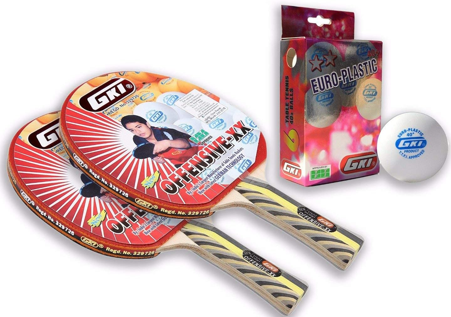 GKI Table Tennis Combo Set (2 Offensive XX Table Tennis Racquet + 6 Euro-Plastic 40 Plus TT Balls) @ MONEX