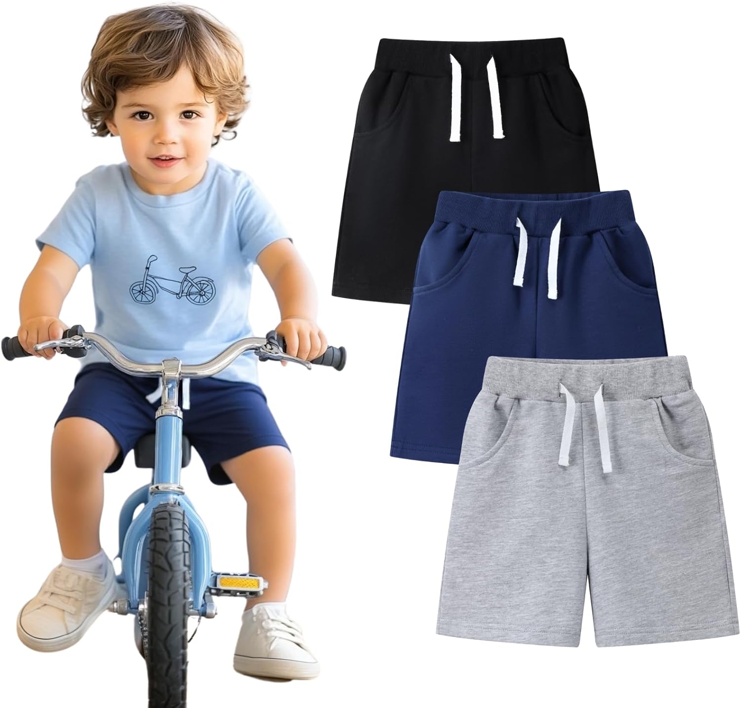HILEELANG Toddler Boys' Shorts 3-Pack Summer Cotton French Terry Solid Adjust Pocket Shorts 12M-7Y