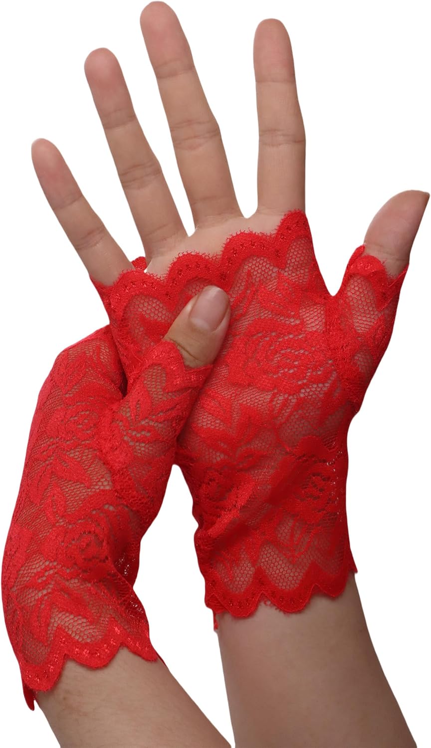 ATHX Women's Short Fingerless Lace Opera Tea Party Gloves Bridal 80s Evening Prom Cosplay Gloves Goth Accessories