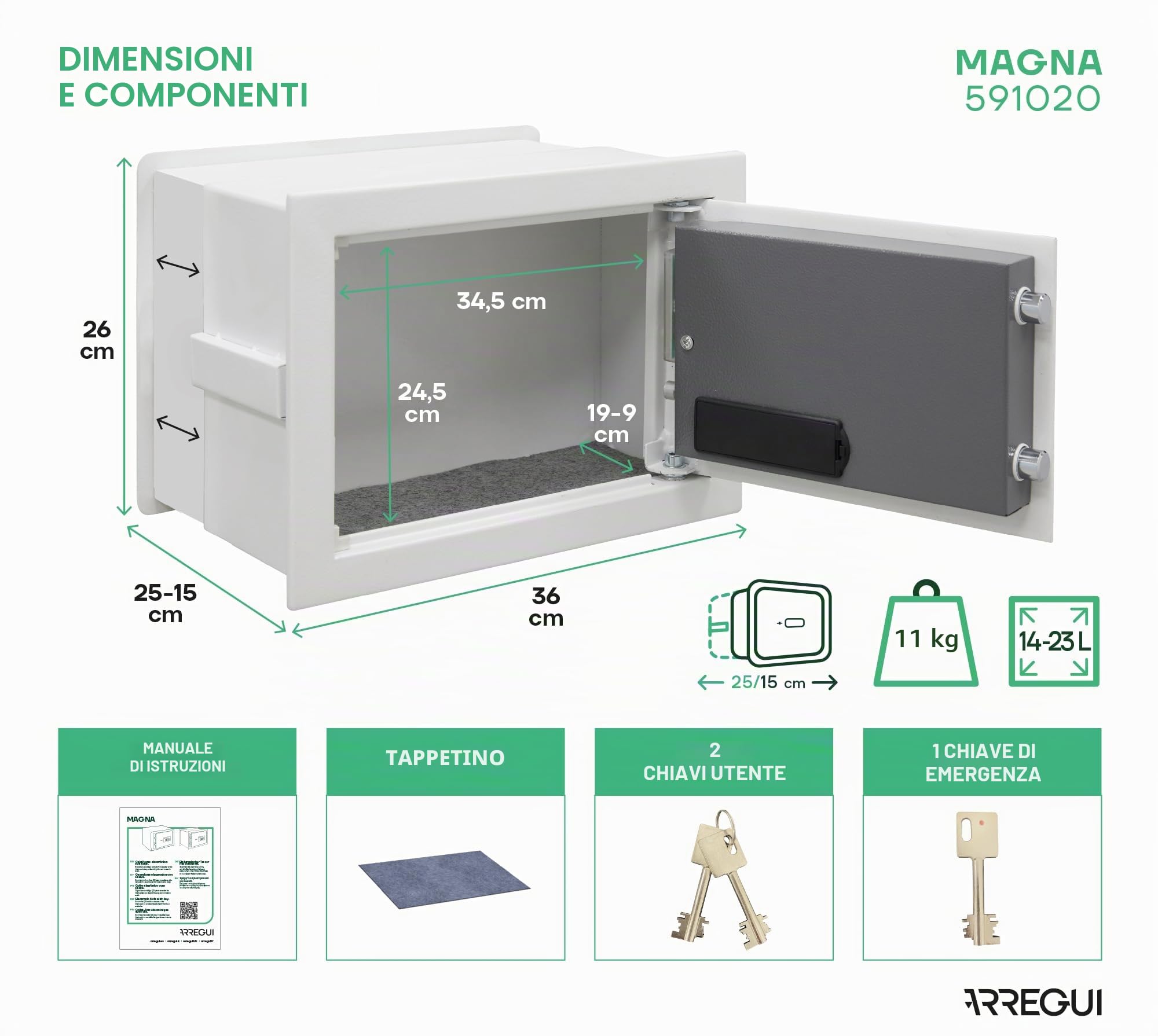 ARREGUI Magna 591020 Cassaforte da incasso con codice e chiave | Cassetta di sicurezza doppia con fondo estensibile per denaro | Cassaforte da parete elettronica per casa o ufficio | 26 x 36 x 15-25