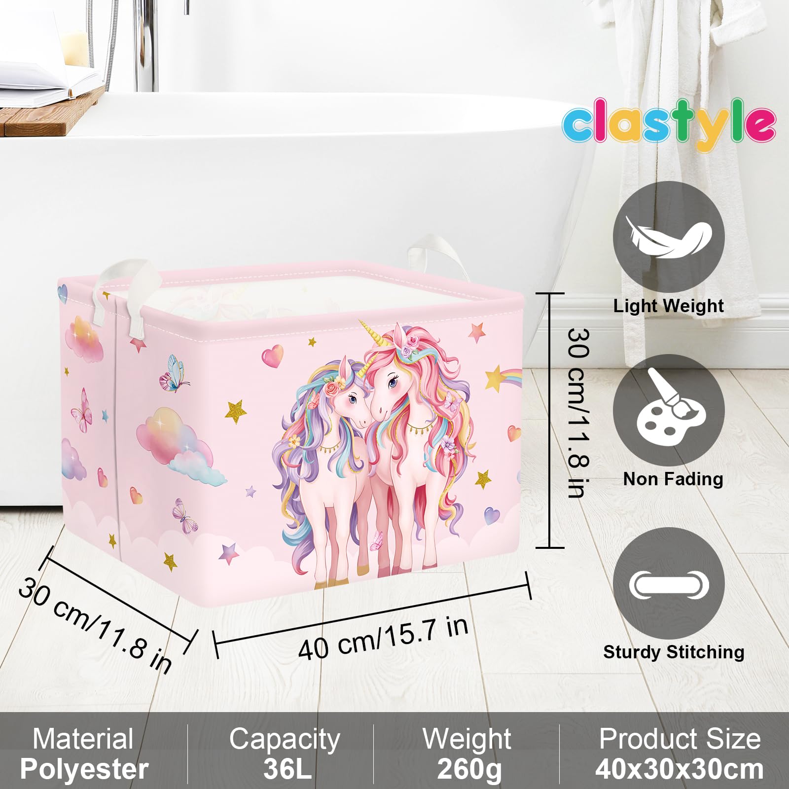 Clastyle Cestos Almacenaje Infantil Unicornio Rosa Cesta Ropa Sucia Plegable para Habitación Bebé Dormitorio Cajas de Almacenaje Juguetes para Chica, Estrella, 40x30x30 cm