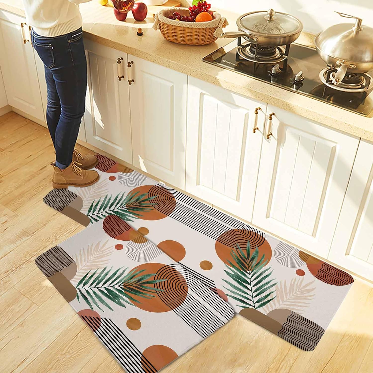 Middle Century Kitchen Rugs and Mats Set of 2, Non-Slip Kitchen Sink Mat, Orange Brown Boho Abstract Geometric Washable Doormat Bathroom Rugs Runner for Bedroom/Living Room 15.7"x23.6"+15.7"x47.2"