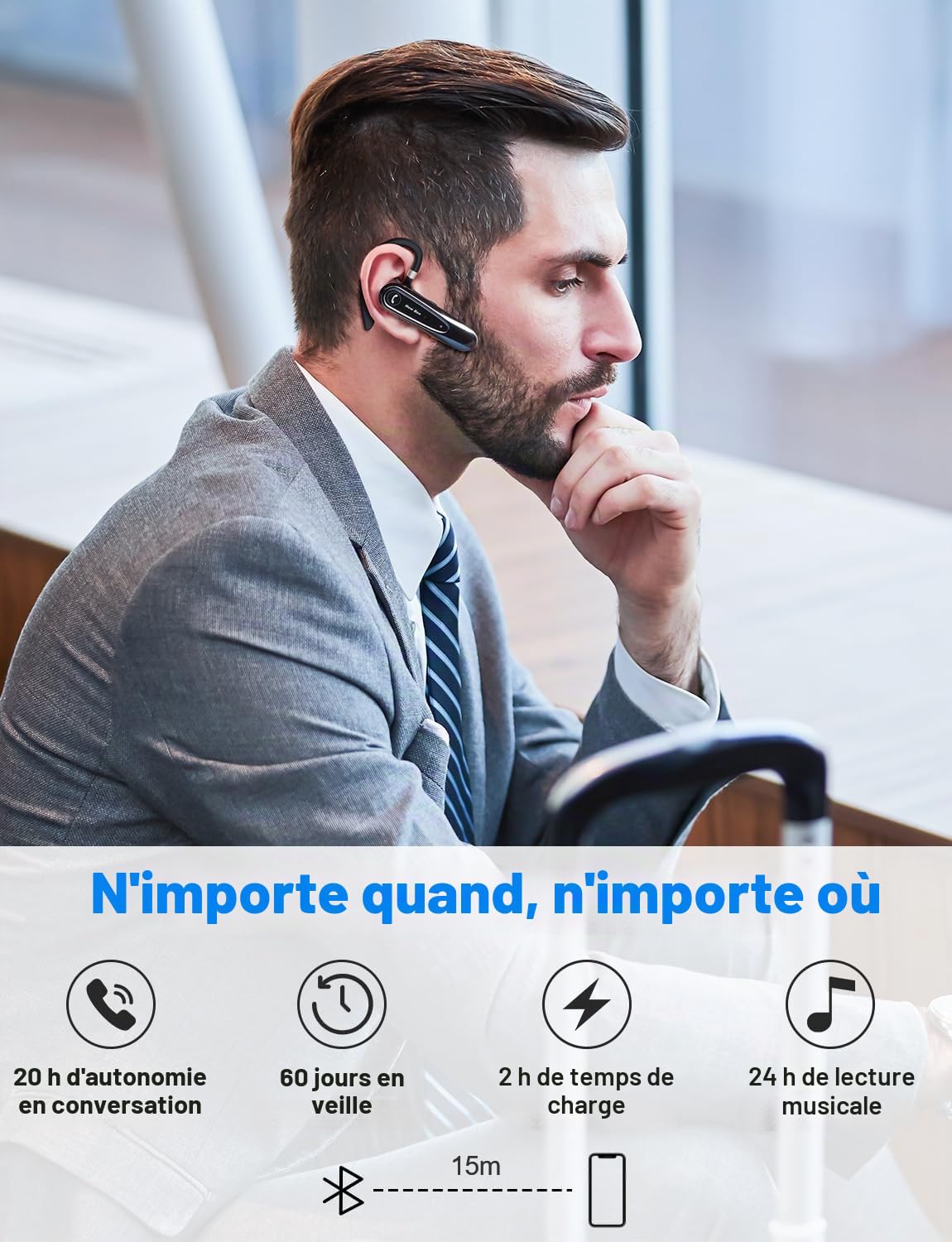 New Bee Oreillette Bluetooth sans Fil avec Dual Mic V5.0 Main Libre Bluetooth Oreillette avec 20H de Temps de Conversation Mic Mute Connexion de Deux Appareils pour iPhone, Android et PC