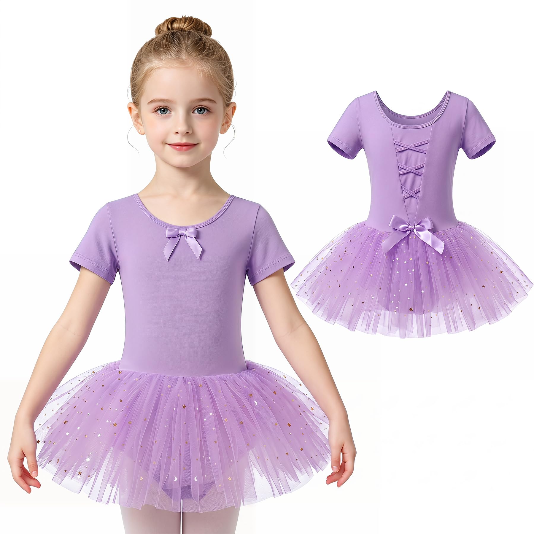 JinBei Robe Ballet Fille Coton Justaucorps avec Jupe Tutu Paillettes Manches Courtes Tutu Danse Classique Filles Confortable Costume Enfant pour Spectacle Compétition Quotidien, 2-9 Ans