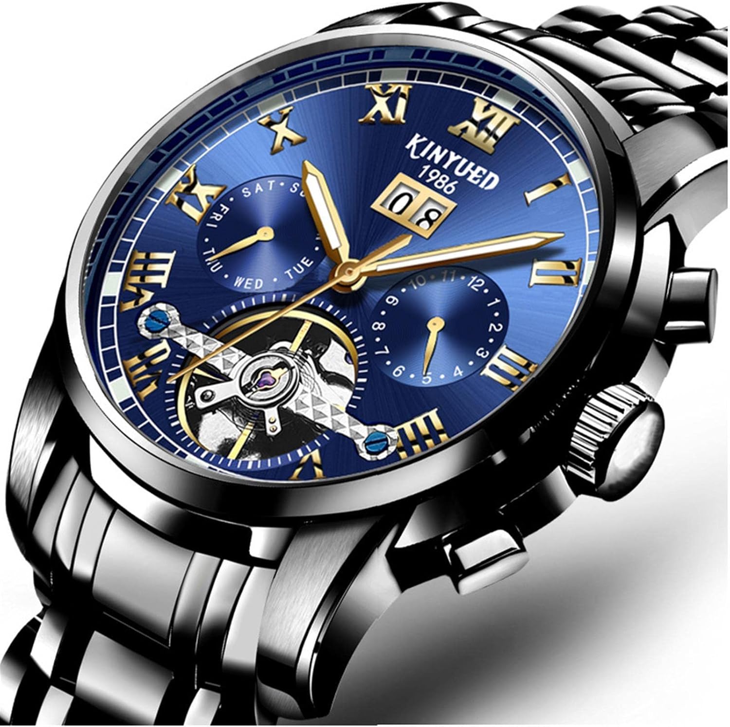 Men's Automatic Mechanical Watches Luxury Dress Waterproof Self Winding Chronograph Stainless Steel Luminous Date Tourbillon Wristwatch for Men