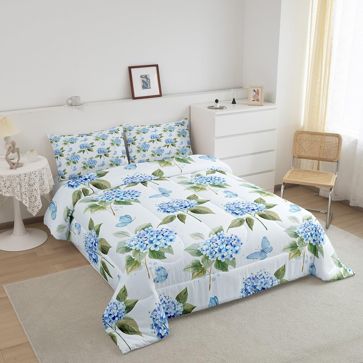 Blue Hydrangea Full Bedding Sets Chic Flower Comforter Set, Cute Butterfly Duvet Insert Green Leaves Down Comforter, Spring Floral Bedding Comforter Sets Girls Bedroom Decor with 2 Pillowcase