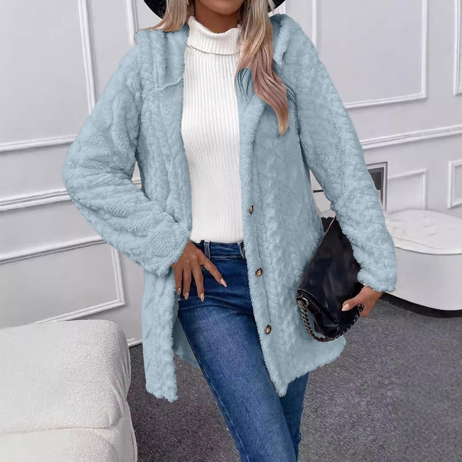 Fuzzy Cable Knit Cardigan Women Long Fleece Button Up Cardigan Oversized Plush Knitted Sweater Winter Fluffy Coatigan - Image 5