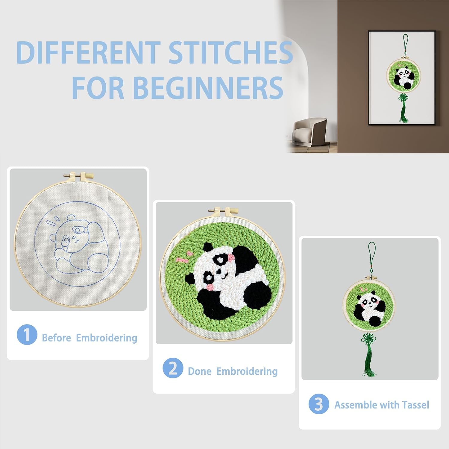 Danvk Panda Punch Embroidery Kit with Embroidery Fabric, Hoop,Scissor,Punch Needle and Yarns, Hand Craft Gift,DIY Embroidery Kits, Hand Punch Needle Kit for Women and Beginners(Panda-Smiling)