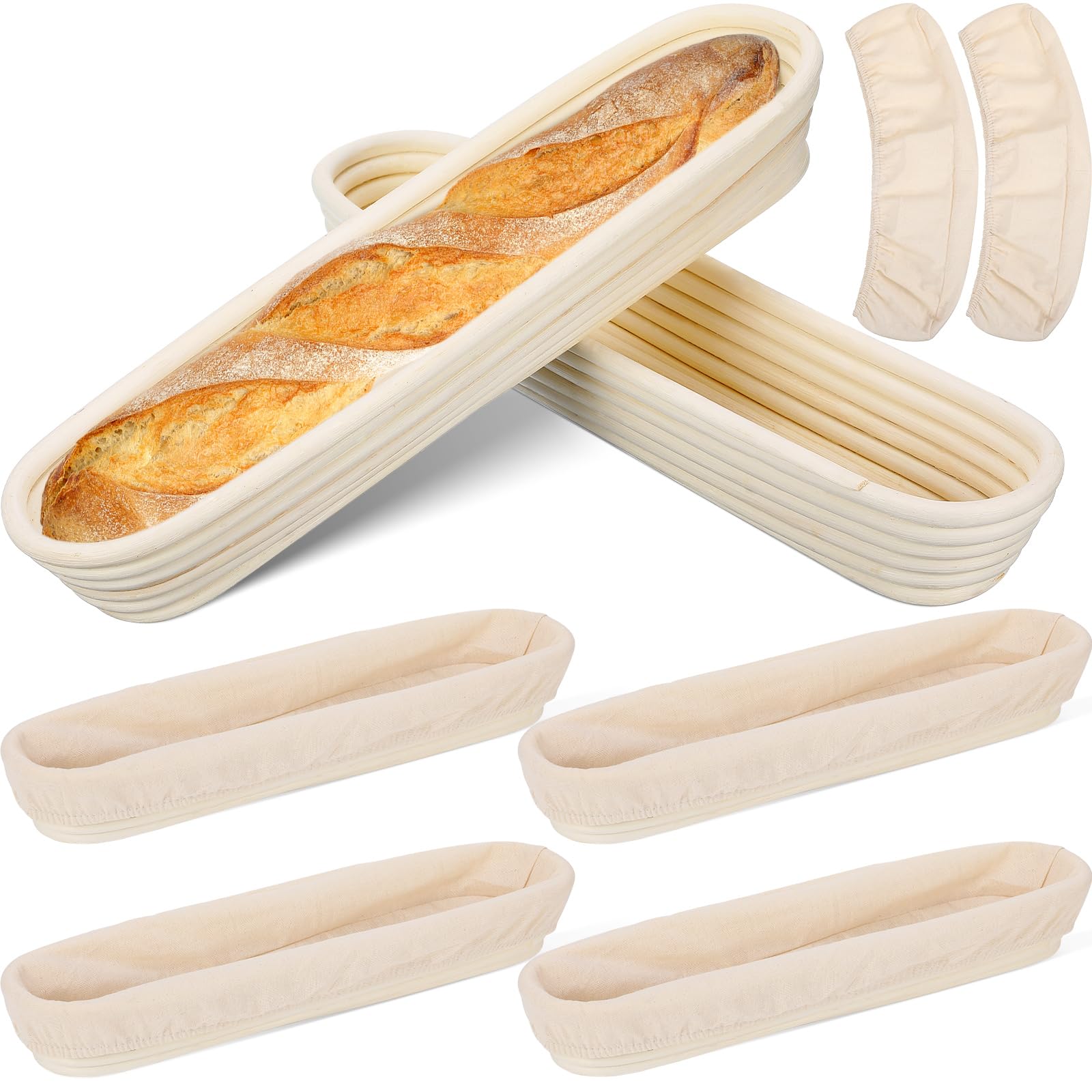 Vesici Baguette-Brot-Gärkörbe mit Stoffeinsatz, 38,1 cm lang, Baguette-Banneton-Backschalen, Rattan, Sauerteig-Gärkörbe für Zuhause, Sauerteig, Backzubehör, Backgeschenke, 6 Sets