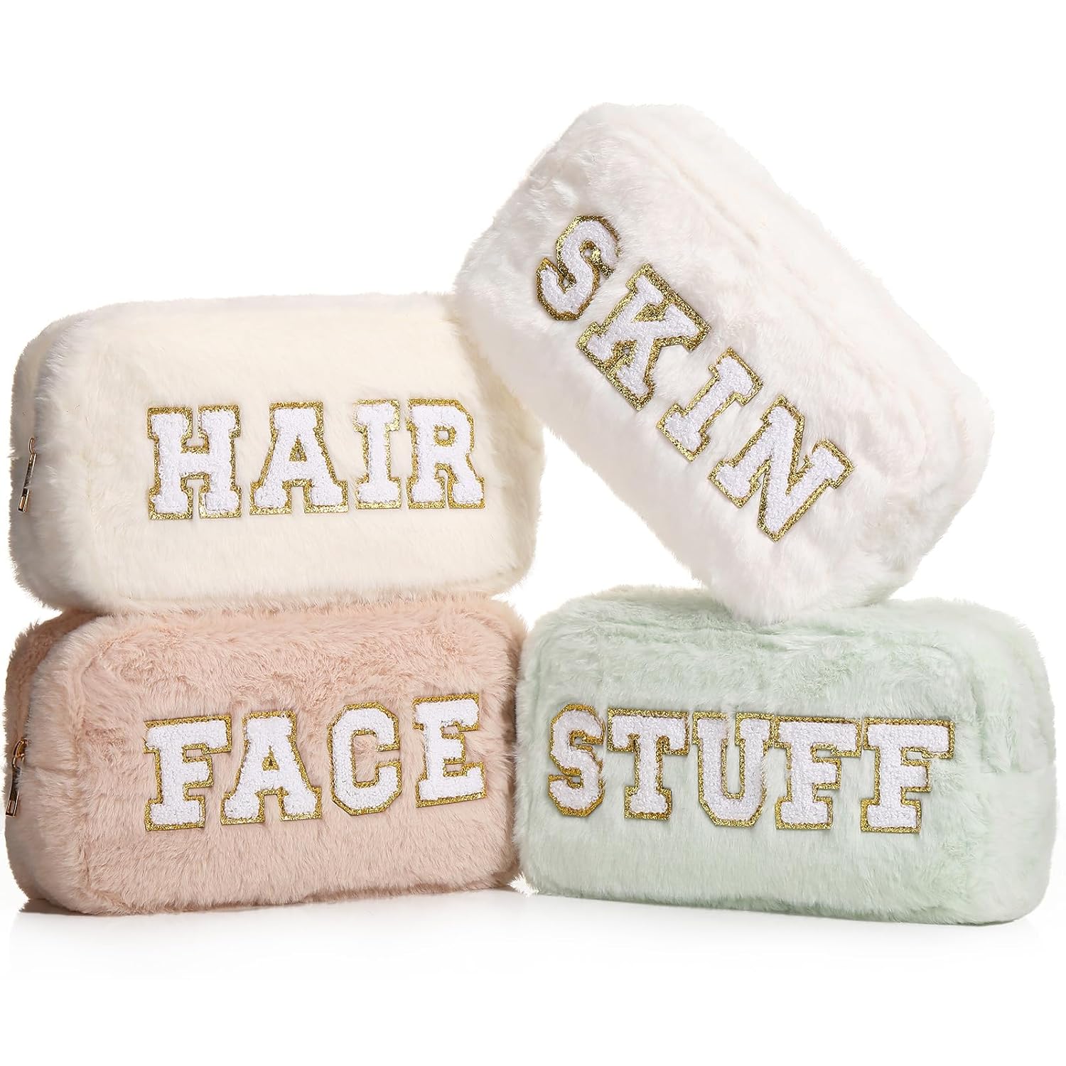 Paterr 4 Pieces Preppy Makeup Bag Chenille Letter Faux Fur Fluffy Bag Preppy Stuff Face Skin Hair Stuff Cute Toiletry Cosmetic Travel Bags Pouch with Zipper for Girls Women(Light Colors)