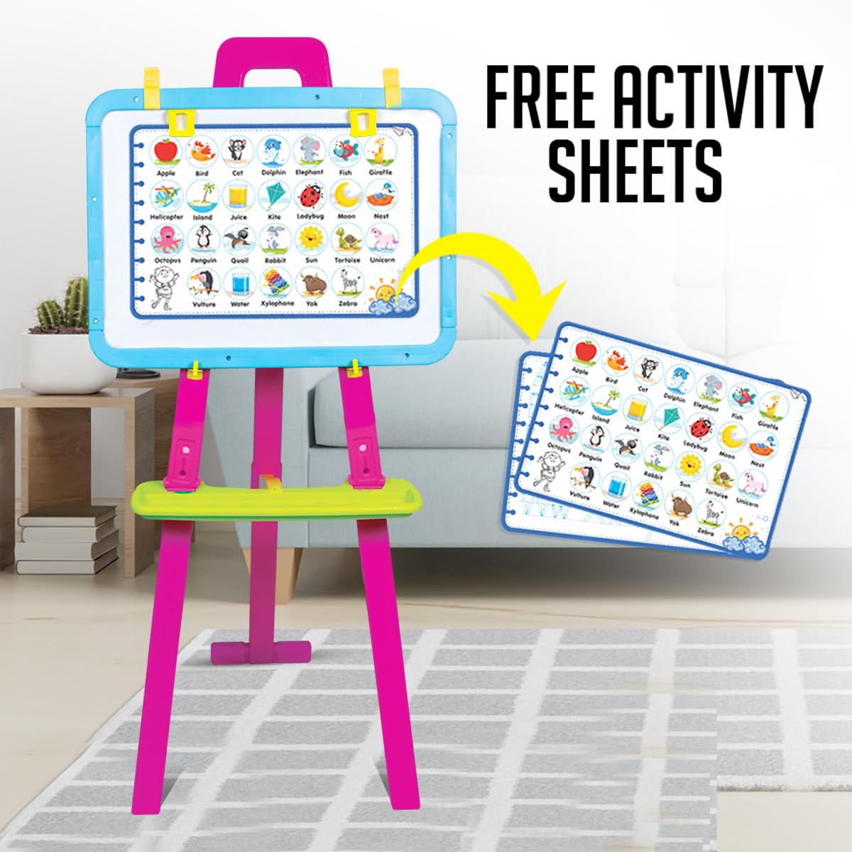 Jam & Honey 5-in-1 Kids Easel Board 4+ Years, Double-Sided Magnetic Whiteboard & Chalkboard, Alphabets & Numbers Learning Toy, BIS Certified Safe, Cyan Magenta 2