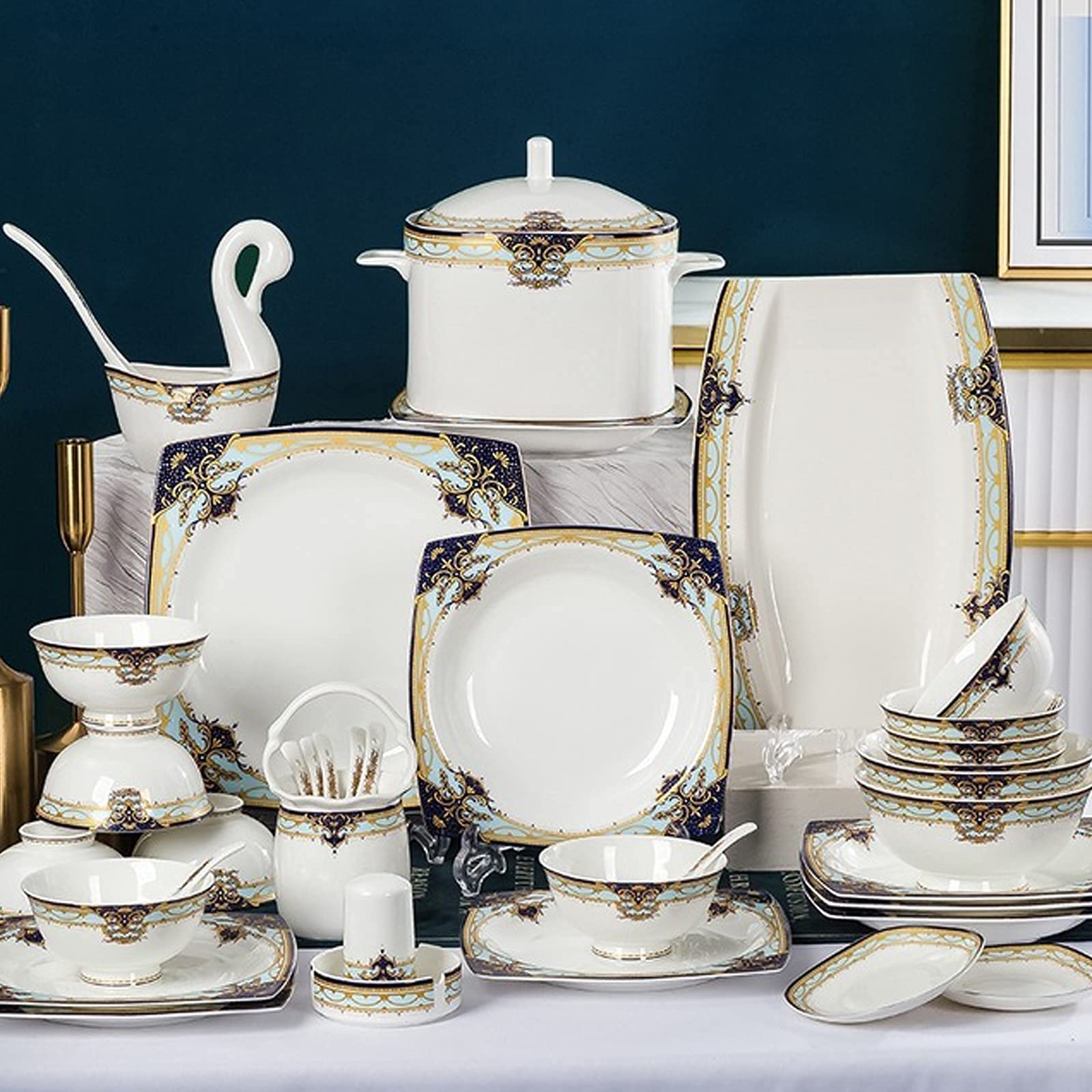 Zestaw Ceramicznych Naczyń Obiadowych W Stylu Retro, Piękny Zestaw Z Porcelany W Kolorze Złotym I Białym, Idealny Na Domowe Przyjęcie, Wesele, Hotel, Boże Narodzenie