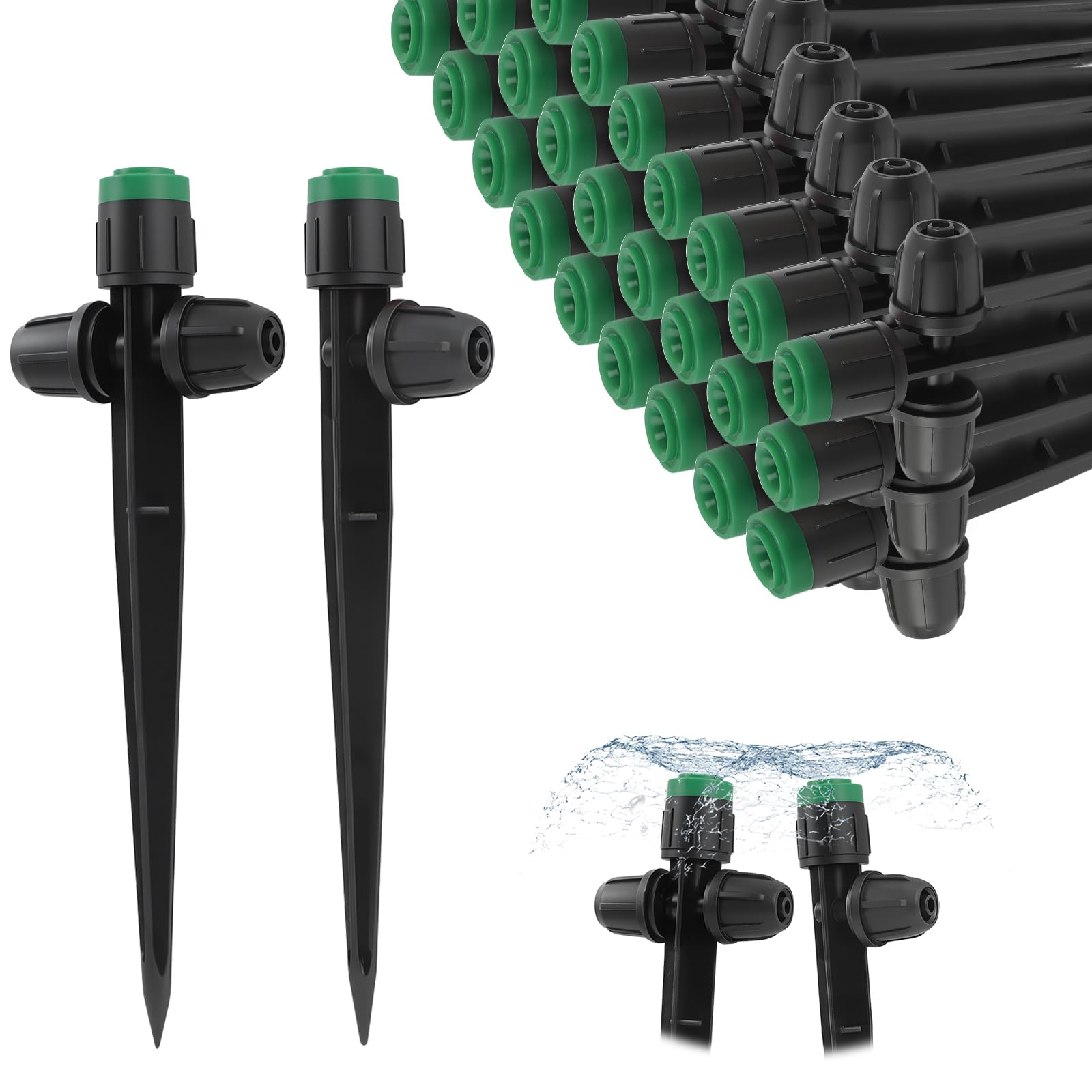 35PCS Double-Head Drip Irrigation Emitters, TOROKOM Locked Drip Irrigation Sprayer Parts for 1/4" Tubing, Adjustable 360 Degree Vortex Water Flow Dripper with Lock for Garden Watering System (Green)