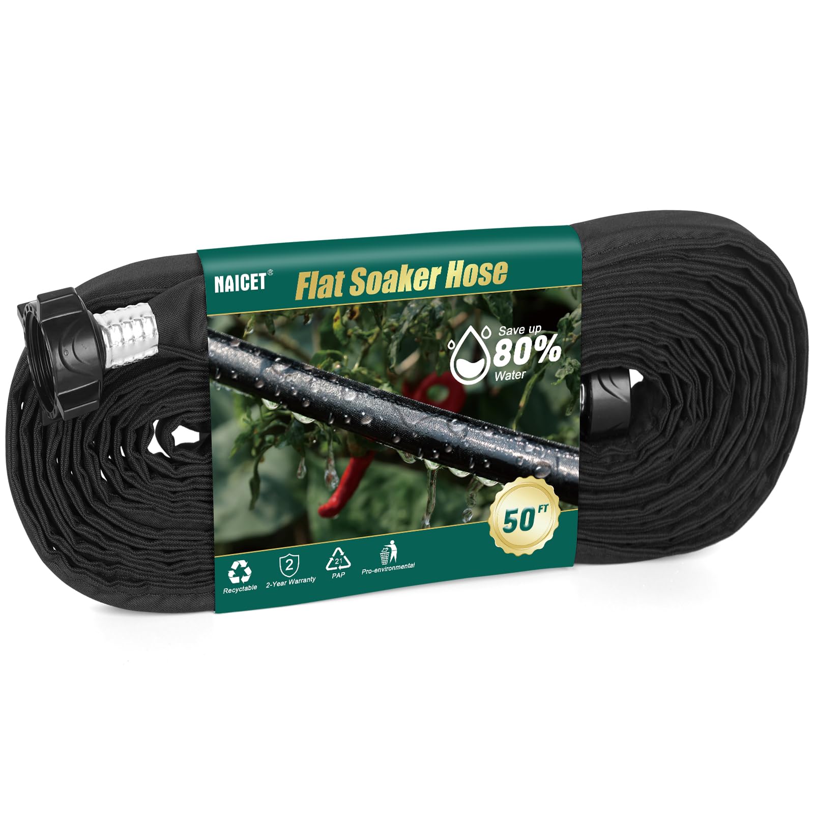 Naicet Flat Soaker Hose 50FT Lightweight and Flexible Irrigation Solution for Garden Beds, Flower Beds, and Lawns (50FT)