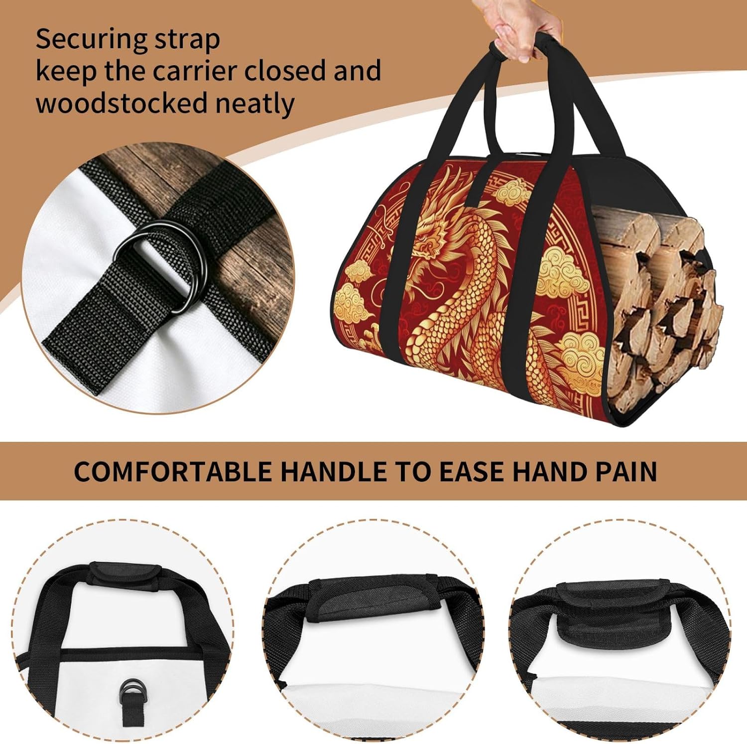 Augenstern Large Asian-Dragon-Fire-Golden Firewood Carrier Bag, 600d Oxford Cloth Log Tote with Reinforced Handles, Open-End Wood Hauling Bag for Fireplace, Wood Stove, Camping and Outdoor Storage image 5