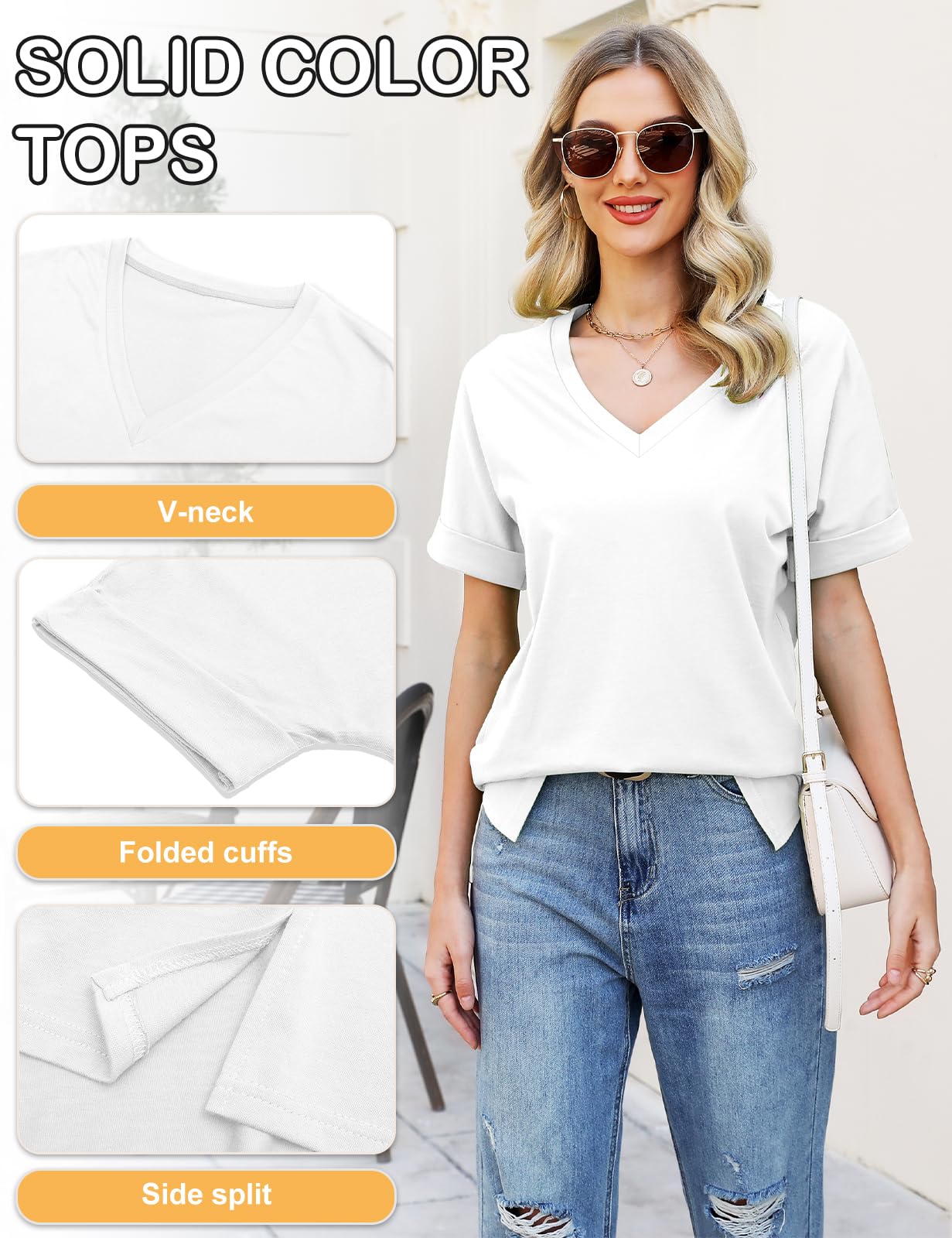 CMTOP T-Shirt Donna Estiva Cotone V Scollo Tinta Unita Maglietta Manica Corta Top Casual Case Camicie Orlo Arrotondato Lungo per Feste Casual Maglietta da Donna Allentate