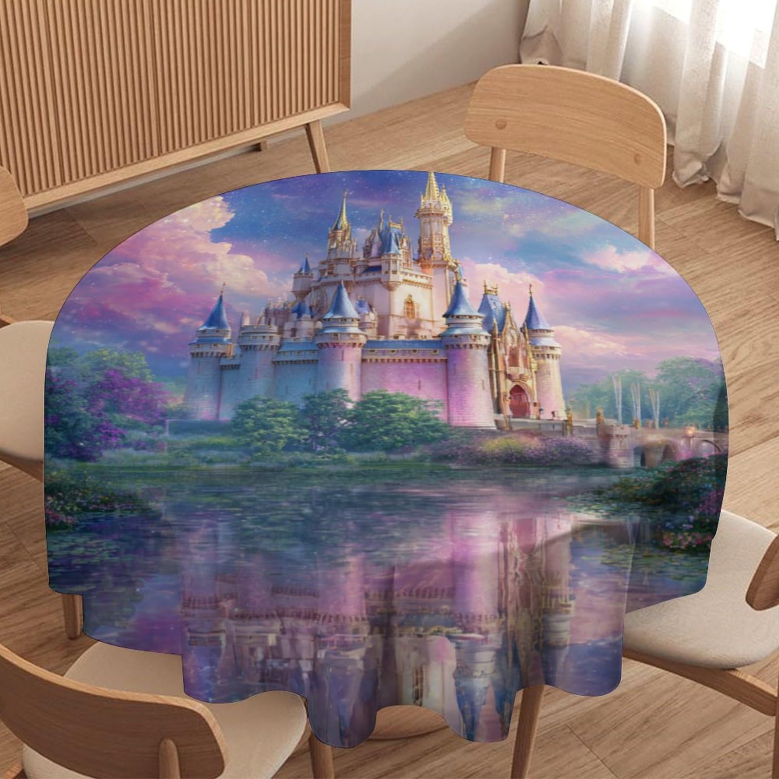 LUYYSKY Beautiful Realistic Fantasy Castle Round Tablecloth Watercolor Fairy Tale Forest Rainbow Colorful Cherry Blossoms Washable Decor for Table Cover for Kitchen-152.4" Wx152.4 L cm