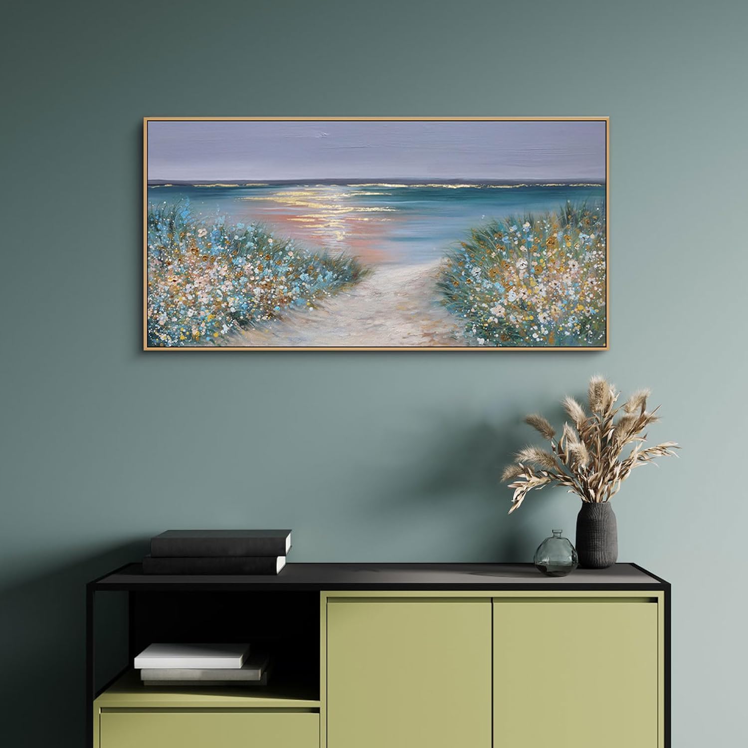 lianyibo Beach Wall Art Large Landscape Canvas Coastal Gold Picture Horizontal Artwork Ocean Prints Living Room Decor(90x180/Frameless)