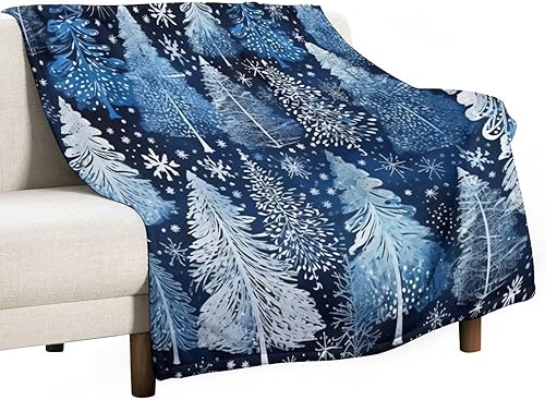 Miniatura 8 de Manta azul con diseño de árboles de Navidad y copos de nieve, diseño de copos de nieve, 30 x 40 pulgadas, manta de franela cálida para sofá, cama,