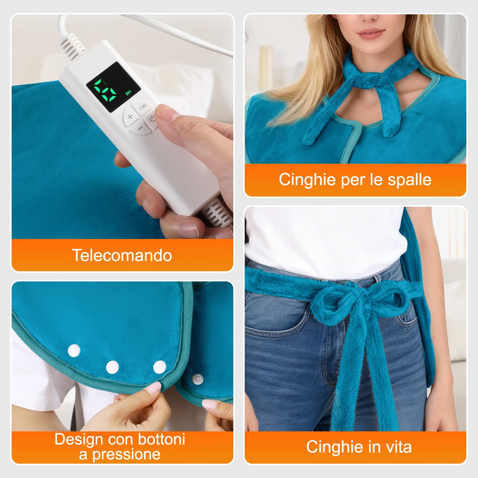 Termoforo Elettrico Cervicalee Spalle, Schiena,Cuscino Elettrico Riscaldante 61x94cm Con timer di 4 ore e 6 Livelli di Riscaldamento Spegnimento Automatico,Lavabile Termoforo Lombare Ricaricabile Blu