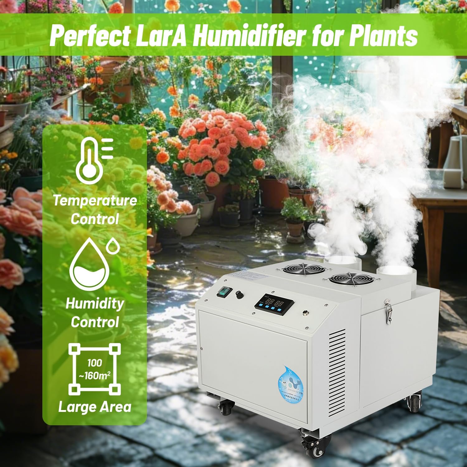 HNZXIB 15KG/H Commercial Ultrasonic Humidifier – Industrial Cool Mist Humidifier for Large Rooms, Greenhouses, Warehouses, 110V, 1500W, Stainless Steel, with Wheels & Intelligent Humidity Control