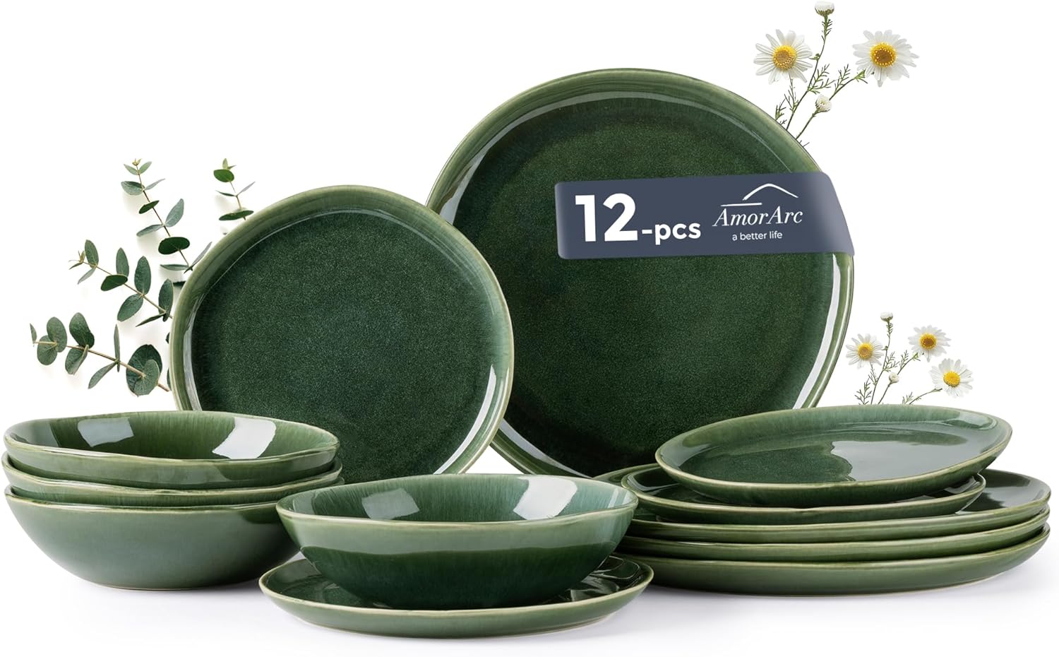 AmorArc Ceramic Dinnerware Sets,Handmade Reactive Glaze Stoneware Plates and Bowls Set,Highly Chip and Crack Resistant | Dishwasher & Microwave Safe Dishes Set,Service for 4 (12pc) Earth Green Service for 4