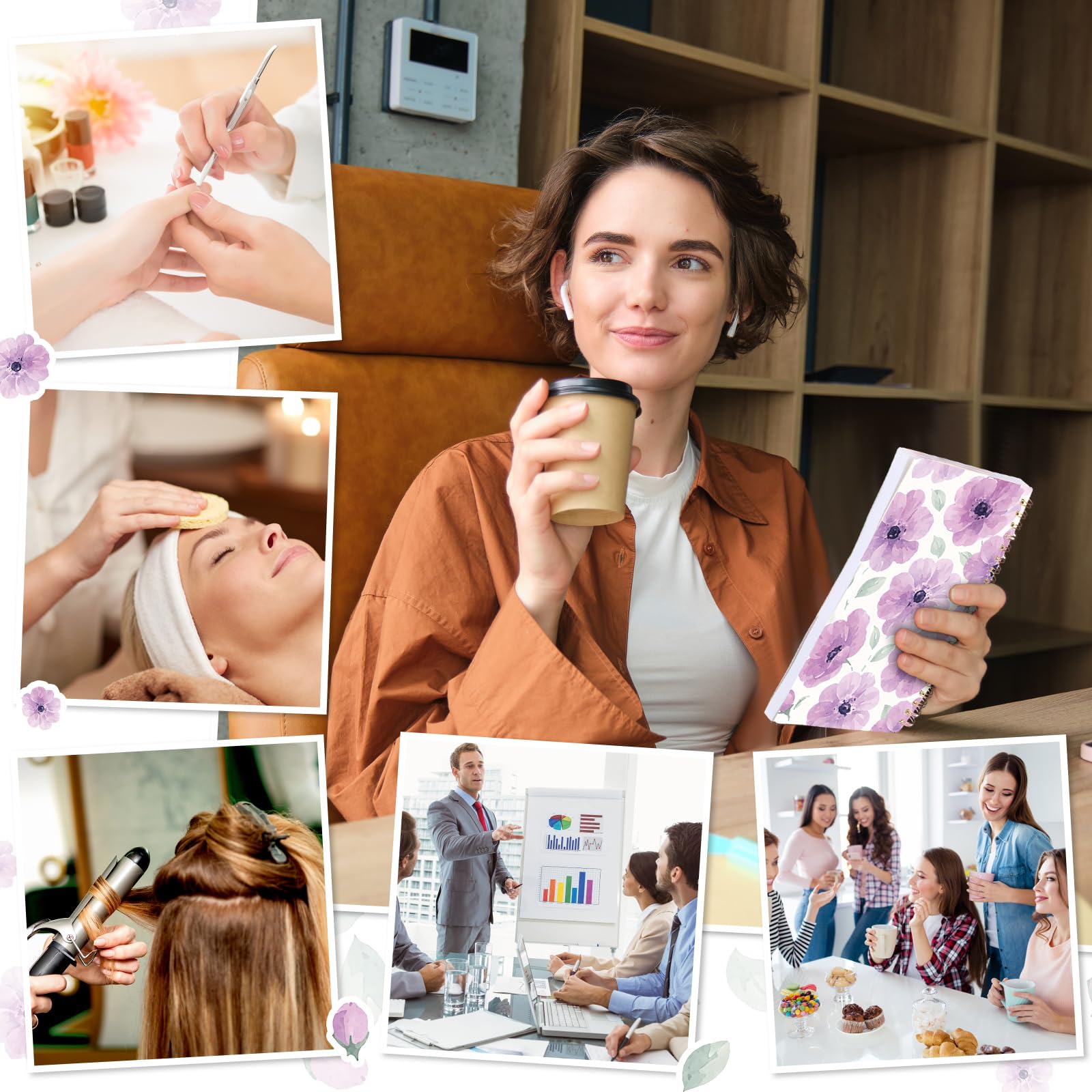 ReliThick Salon-Terminkalender, 12 x 20 cm, 2025, Taschen-Wochenplaner, Mini-Größe, Blumen-Kalender, Terminbuch, 108 Seiten, 53 Wochen, für Frauen, Arbeit, Geschäft (lila Blumenmuster)