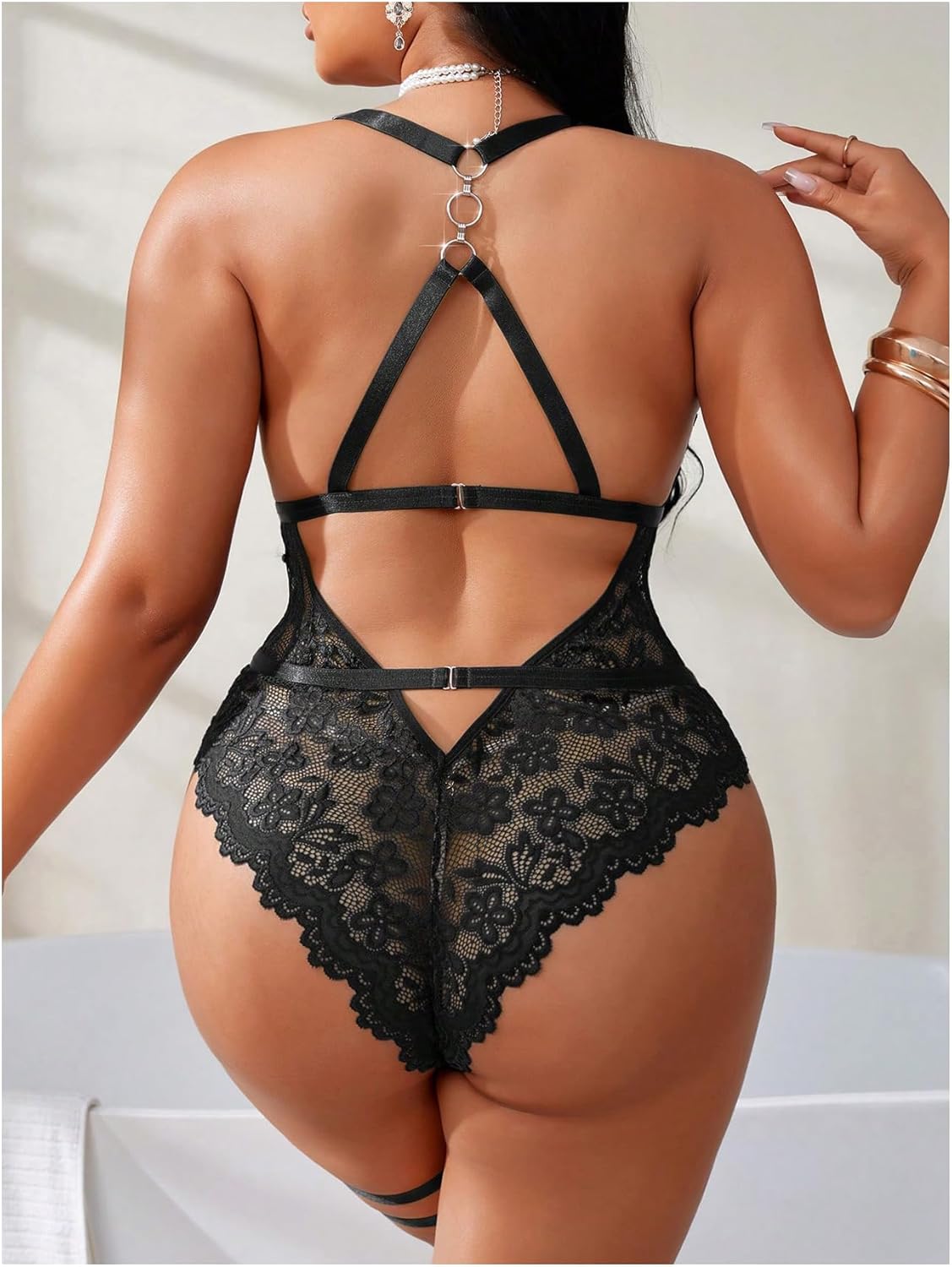 SOLY HUX Women's Plus Size Lace Lingerie Set Deep V Neck Teddy Bodysuit Babydoll Nightwear with Leg Ring - Image 2